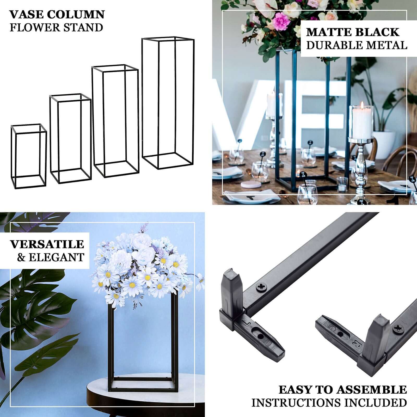 2-Pack Wedding Flower Stand Matte Black Metal Geometric Column Frame Rectangular - Versatile Floral Pedestal for Sophisticated Arrangements 16