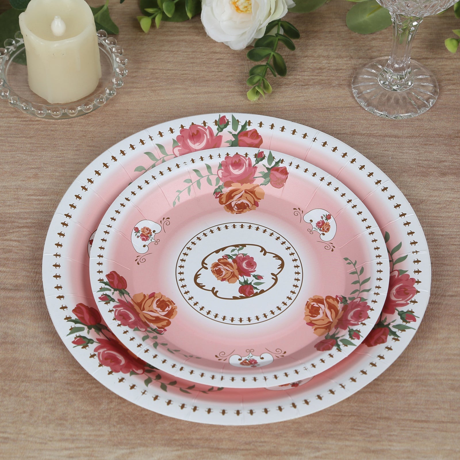 25-Pack Paper 7 Round Dessert Plates in Dusty Rose with Vintage Rose Flower Print - Disposable Appetizer Salad Plates