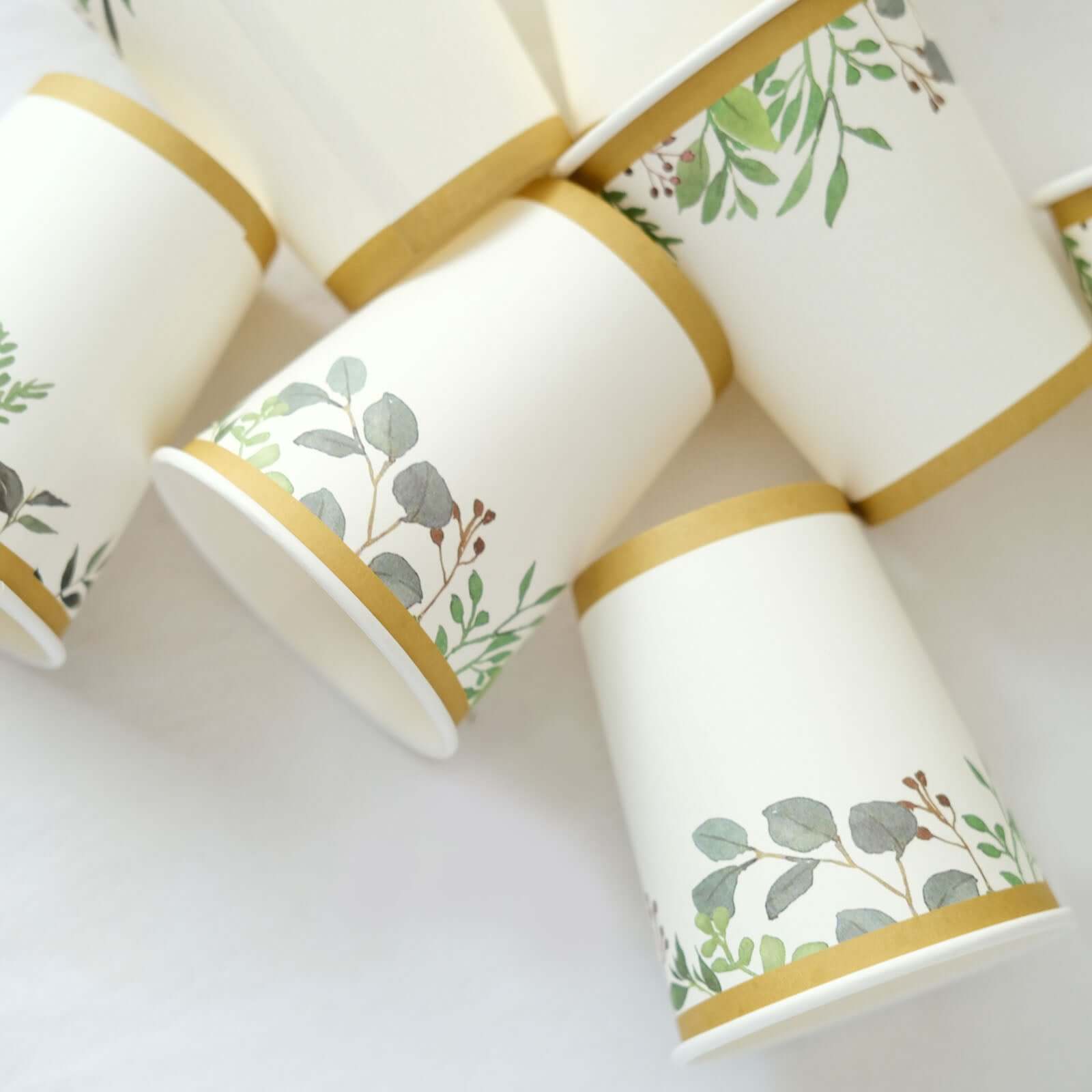 24 Pack 9oz White Tropical Greenery Gold Trim Party Paper Cups, Eucalyptus Disposable Cups With Gold Rim - 250 GSM