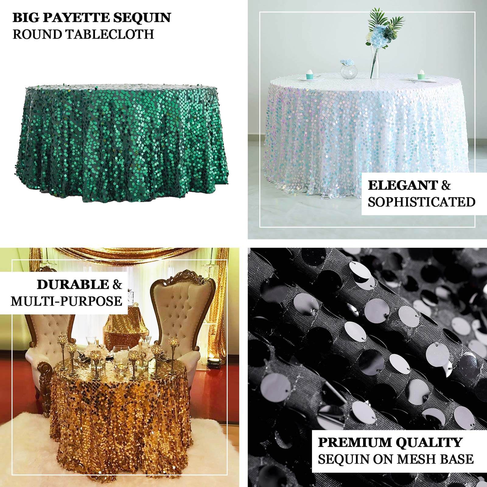 Sequin 120 Round Tablecloth Hunter Emerald Green - Seamless Big Payette Table Cover