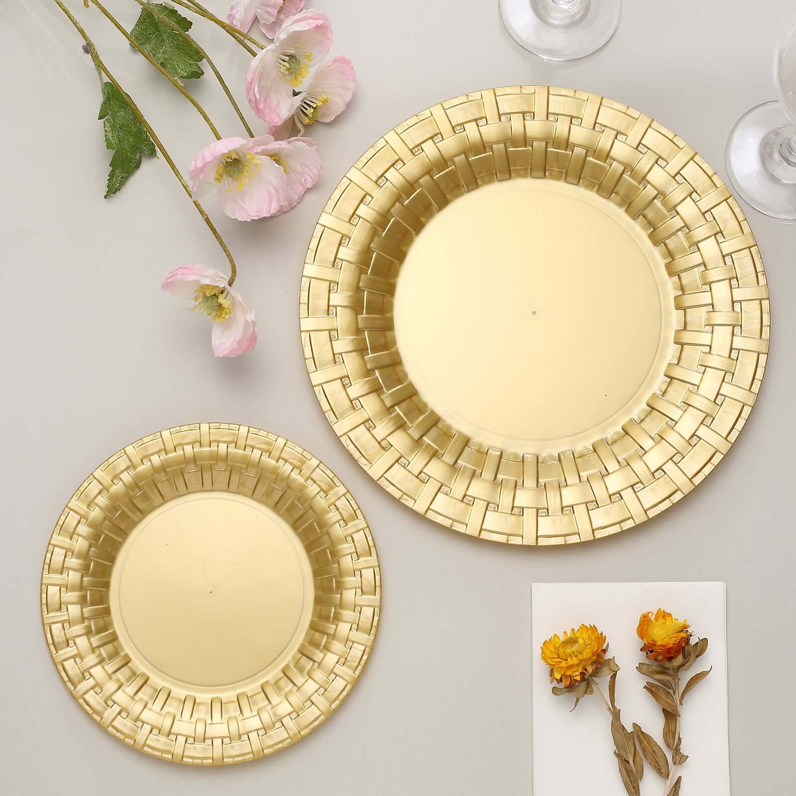 10-Pack Plastic Dinner Plates Gold Basketweave Rim - Durable Disposable Dinner Plates 10