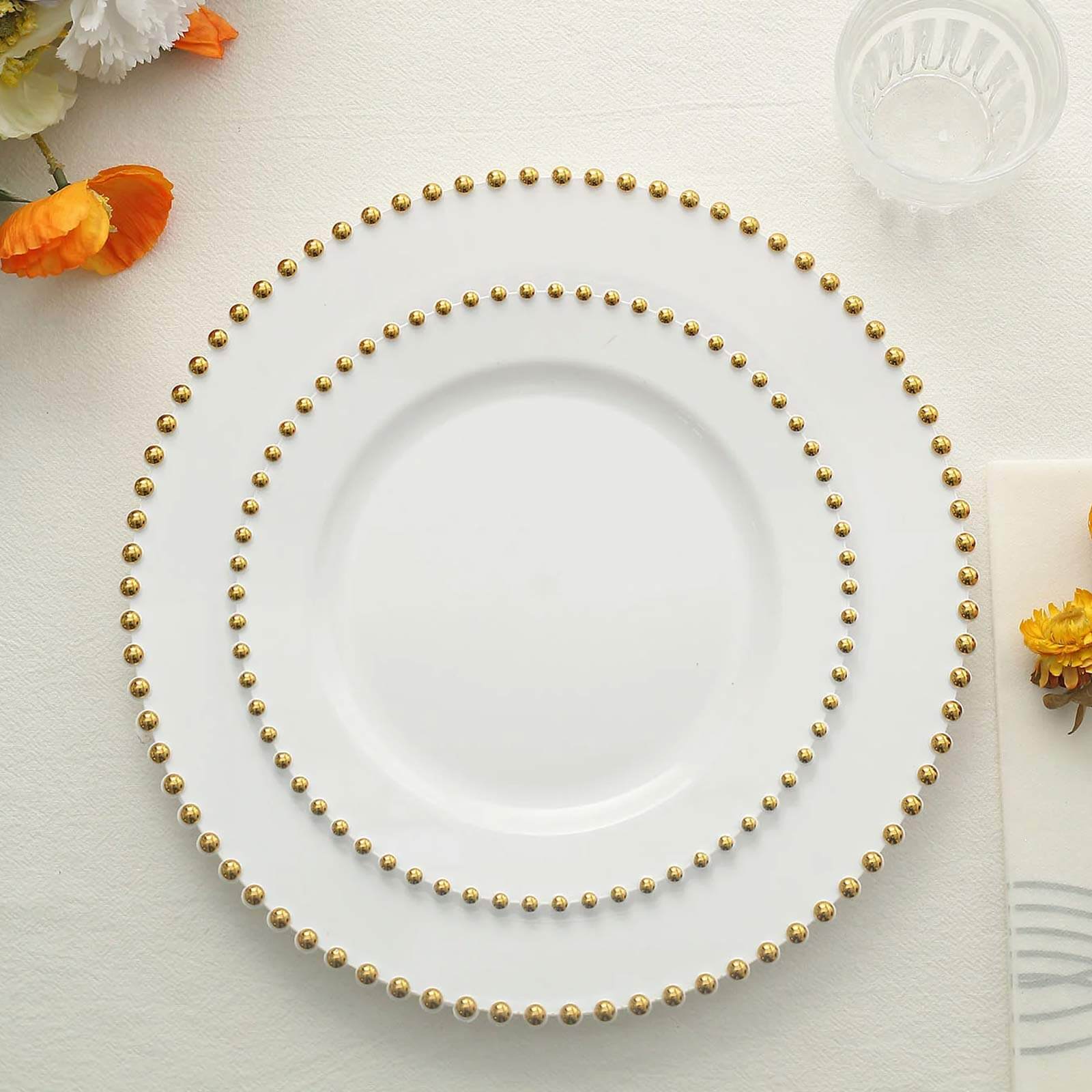 10-Pack Plastic 8 Round Appetizer Dessert Plates in White with Gold Beaded Rim - Disposable Salad Plates for Banquets & Festive Occasions