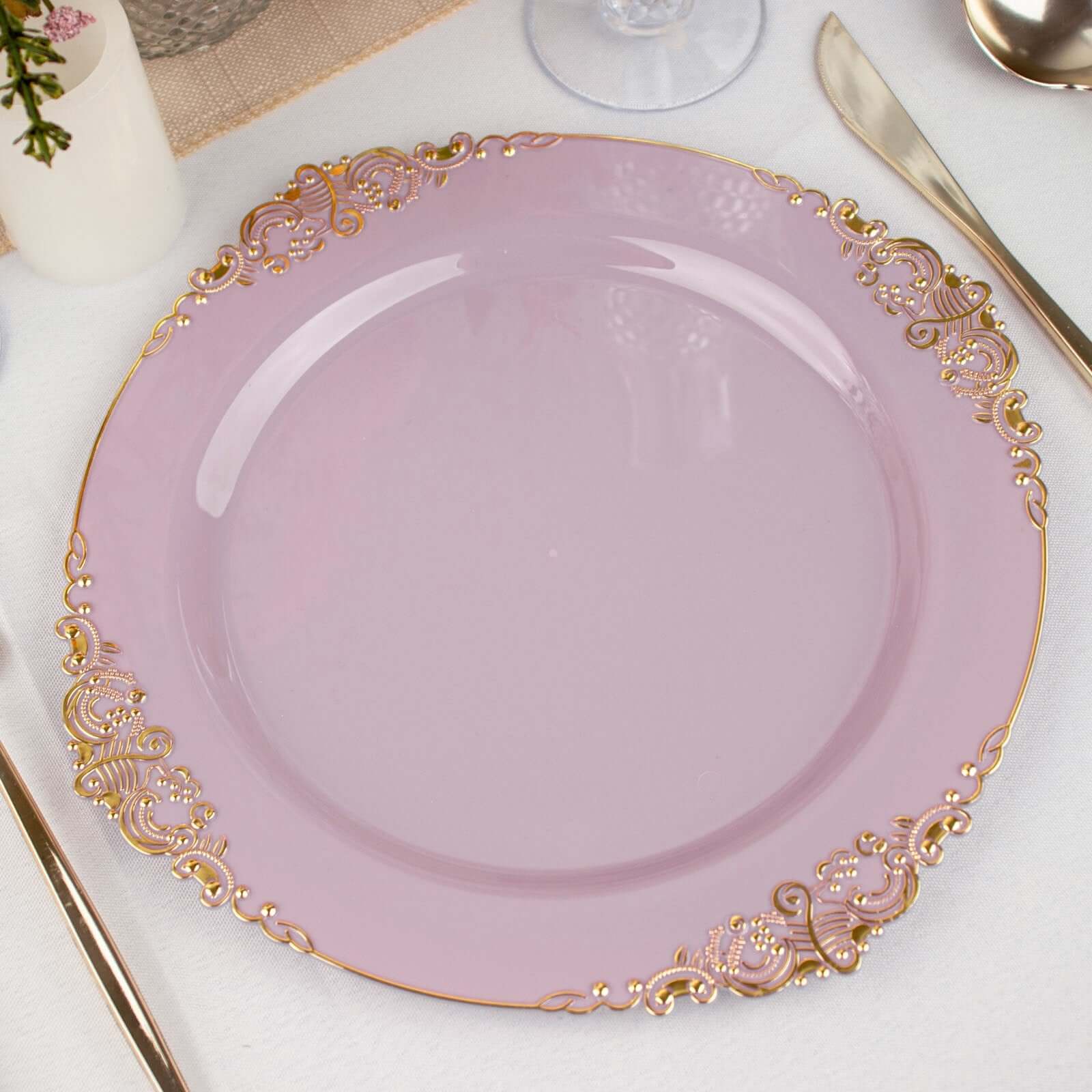 10-Pack Plastic 10 Round Dinner Plates in Lavender Lilac with Gold Leaf Embossed Rim - Disposable Vintage Baroque Style Plates