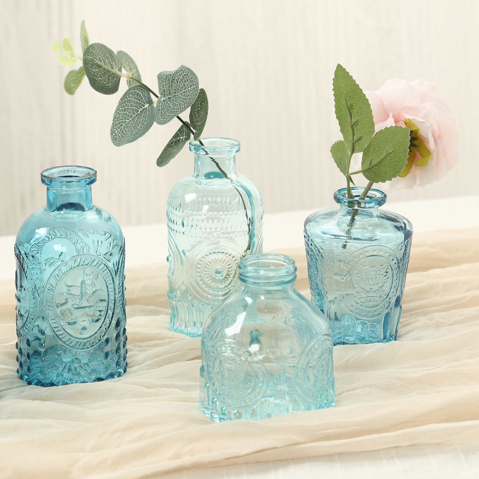 Set of 6 Embossed Glass Bud Vases Vintage Mixed Blue - Apothecary Style Decorative Table Centerpieces