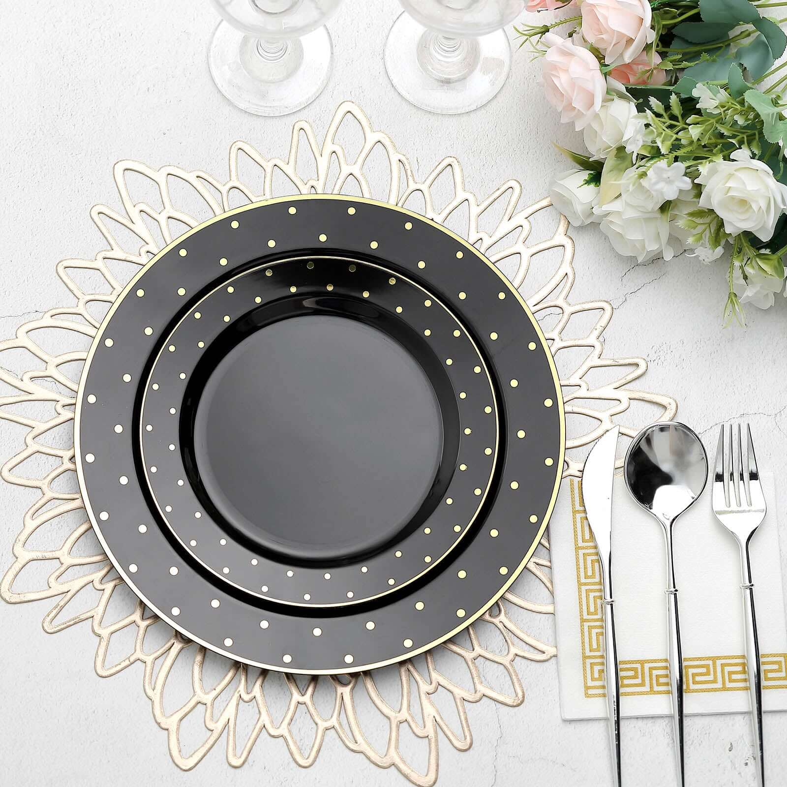 10 Pack 7.5 Black With Gold Dot Rim Plastic Dessert Plates, Round Salad Disposable Tableware Plates