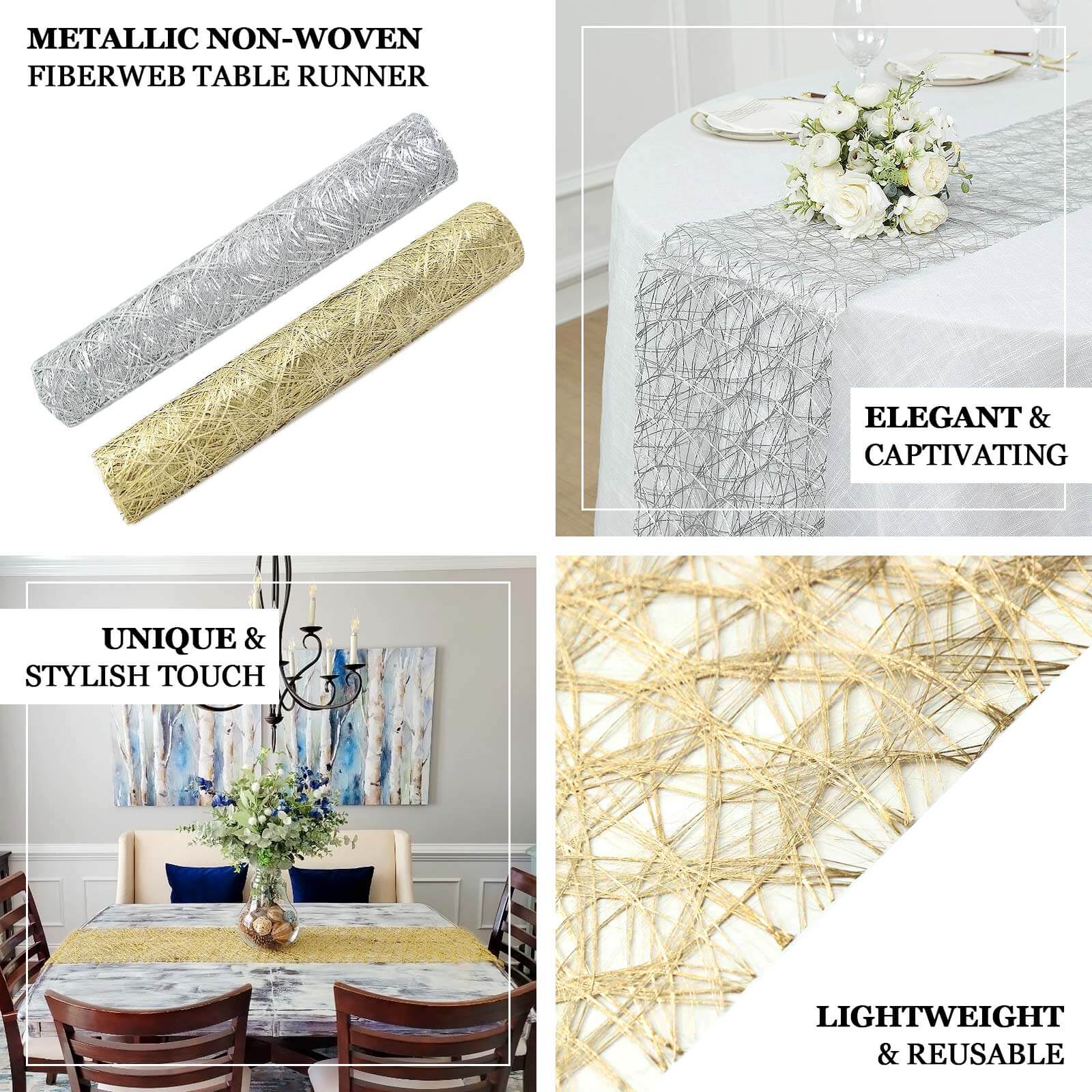 Polyester 12x108 Table Runner Metallic Gold Disposable Non-Woven Fiber Roll - Stylish & Chic Table Decor