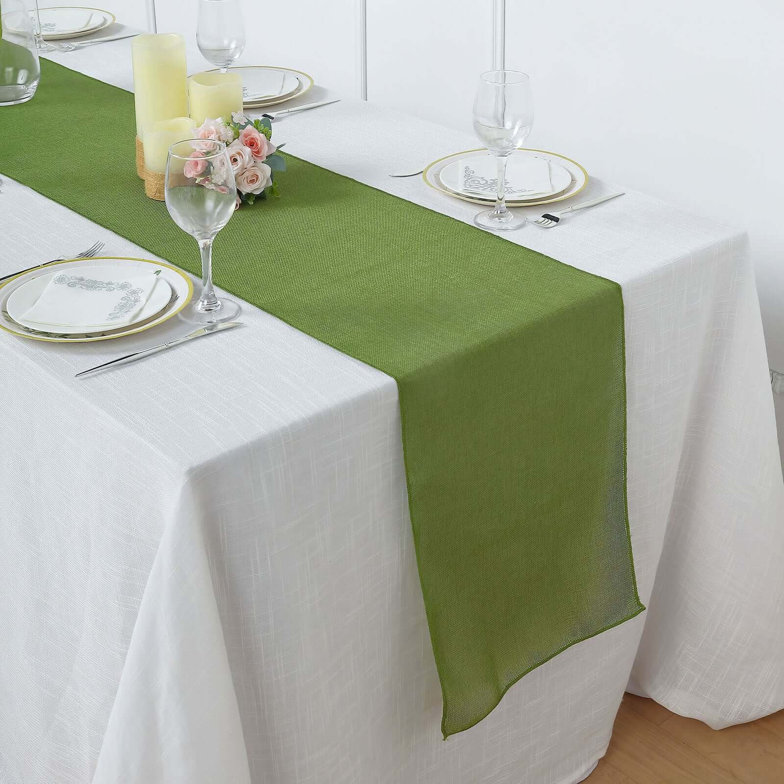 Faux Linen 14x108 Table Runner Moss Green - Rustic Style Table Decor