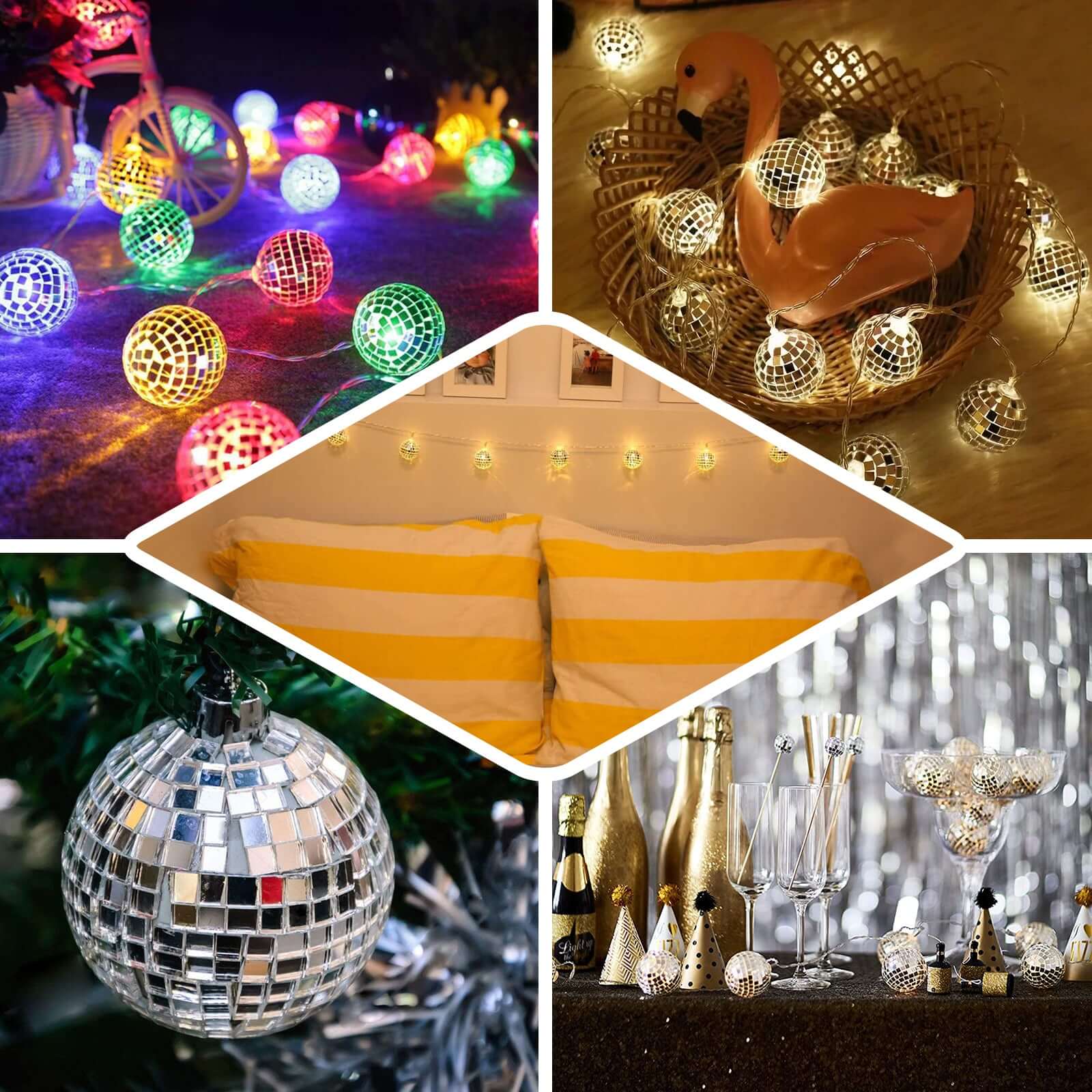 10 LED String Light Garland Silver Disco Mirror Ball Cool White - Battery Operated Decorative Lighting 6ft