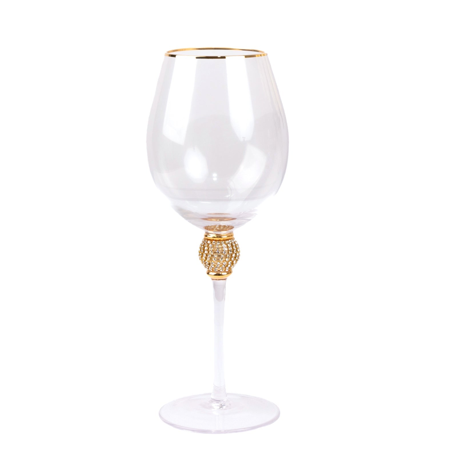 Set of 6 Wine Goblet Glasses Clear Gold Rimmed Design with Rhinestone Studded Stem - Handblown Vintage Crystal Glasses for Cocktails 16oz 10