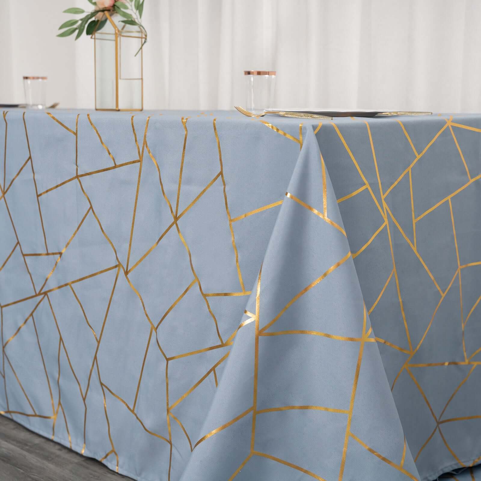 Polyester 60x132 Rectangle Tablecloth Dusty Blue with Gold Foil Geometric Pattern - Wrinkle-Resistant & Durable Table Cover for Weddings & Events