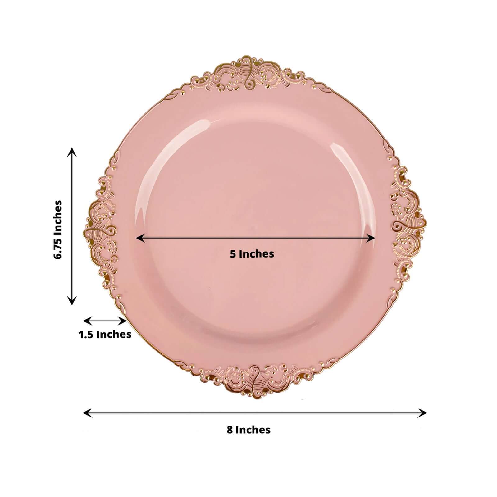 10-Pack Plastic 8 Round Dessert Plates in Dusty Rose with Gold Leaf Embossed Rim - Disposable Vintage Baroque Style Salad Plates