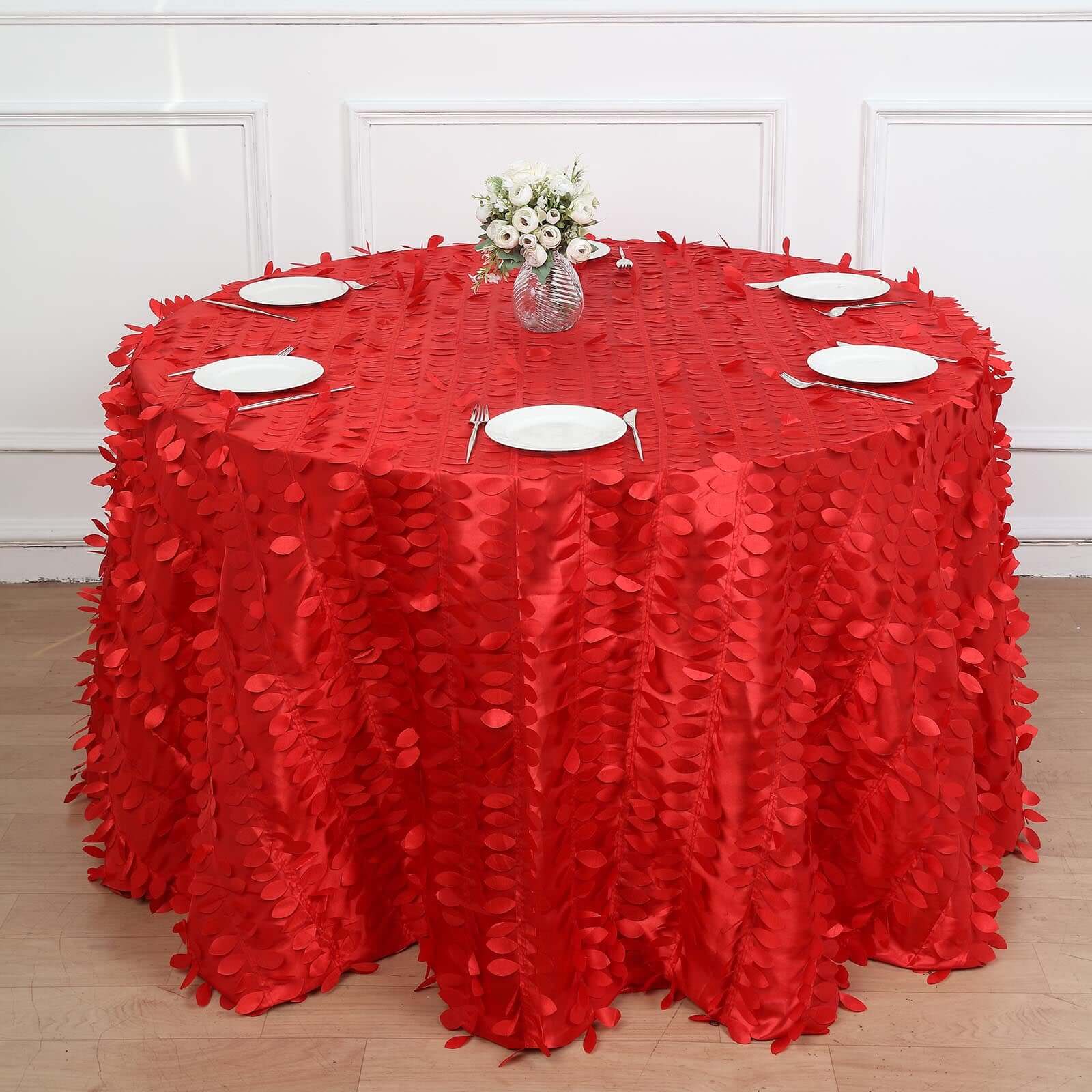 120 Red 3D Leaf Petal Taffeta Fabric Seamless Round Tablecloth for 5 Foot Table With Floor-Length Drop