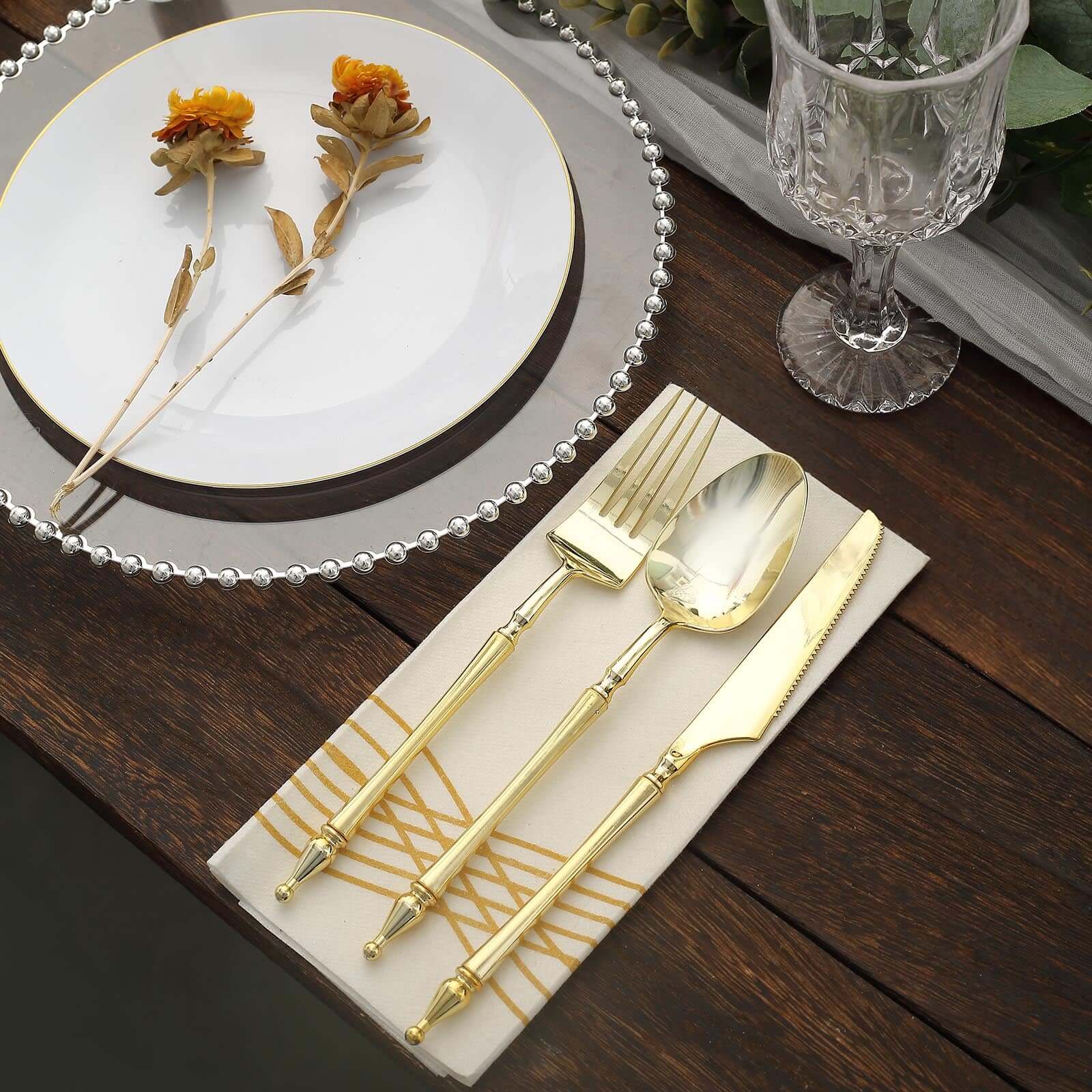 24-Pack Plastic Utensil Set with Roman Column Handle Gold - Disposable Silverware for Events