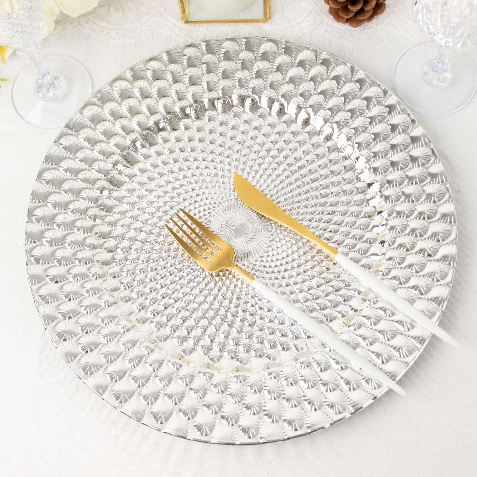 6-Pack Plastic Round Charger Plates 13 in Silver with Peacock Pattern, Exquisite Decorative Dinner Party Charger Tableware