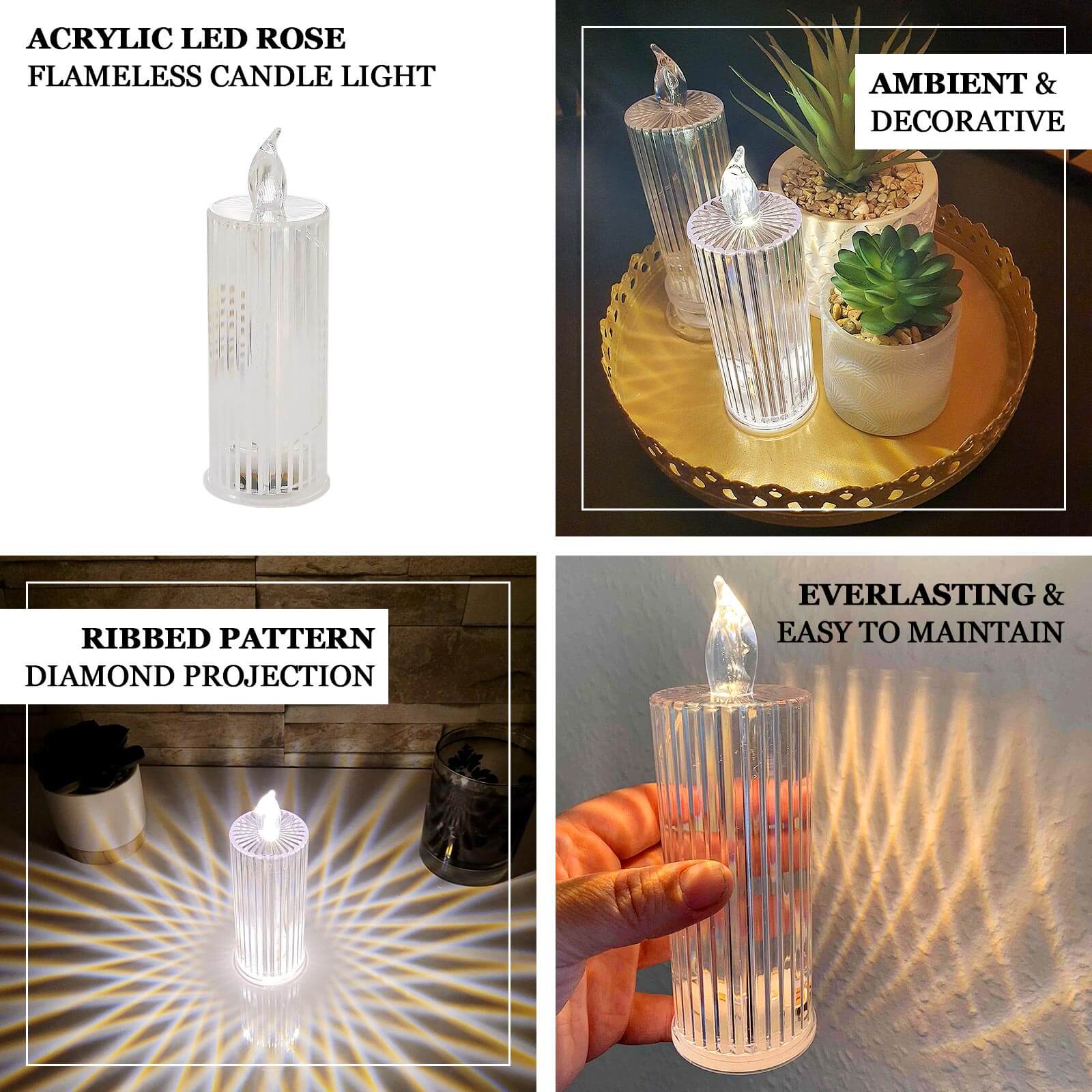 3-Pack LED Flameless Candle Lamps Diamond Acrylic Design Clear Warm White - Battery Operated Pillars 6