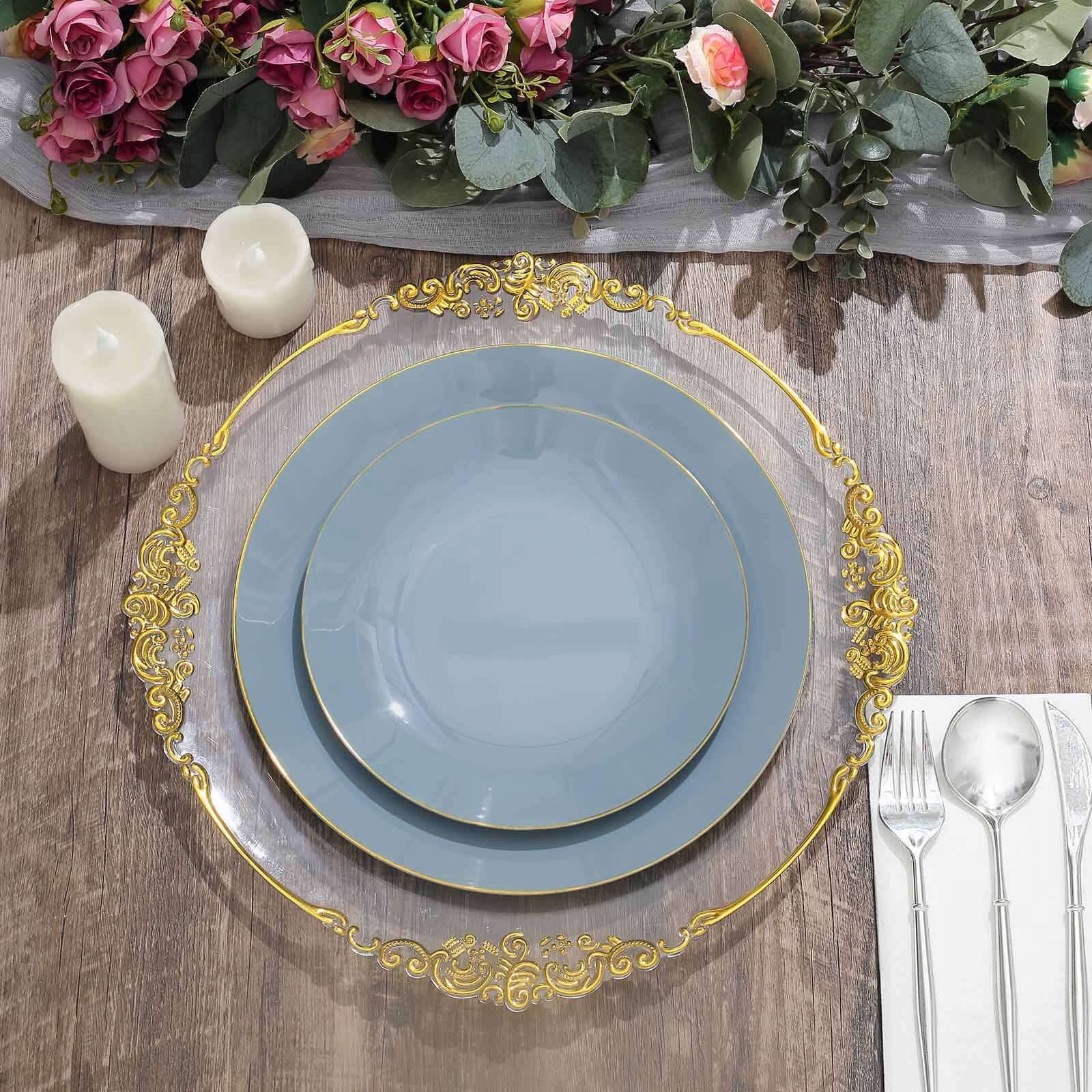 10-Pack Plastic 10 Round Dinner Plates in Dusty Blue with Gold Rim - Glossy Disposable Party Plates