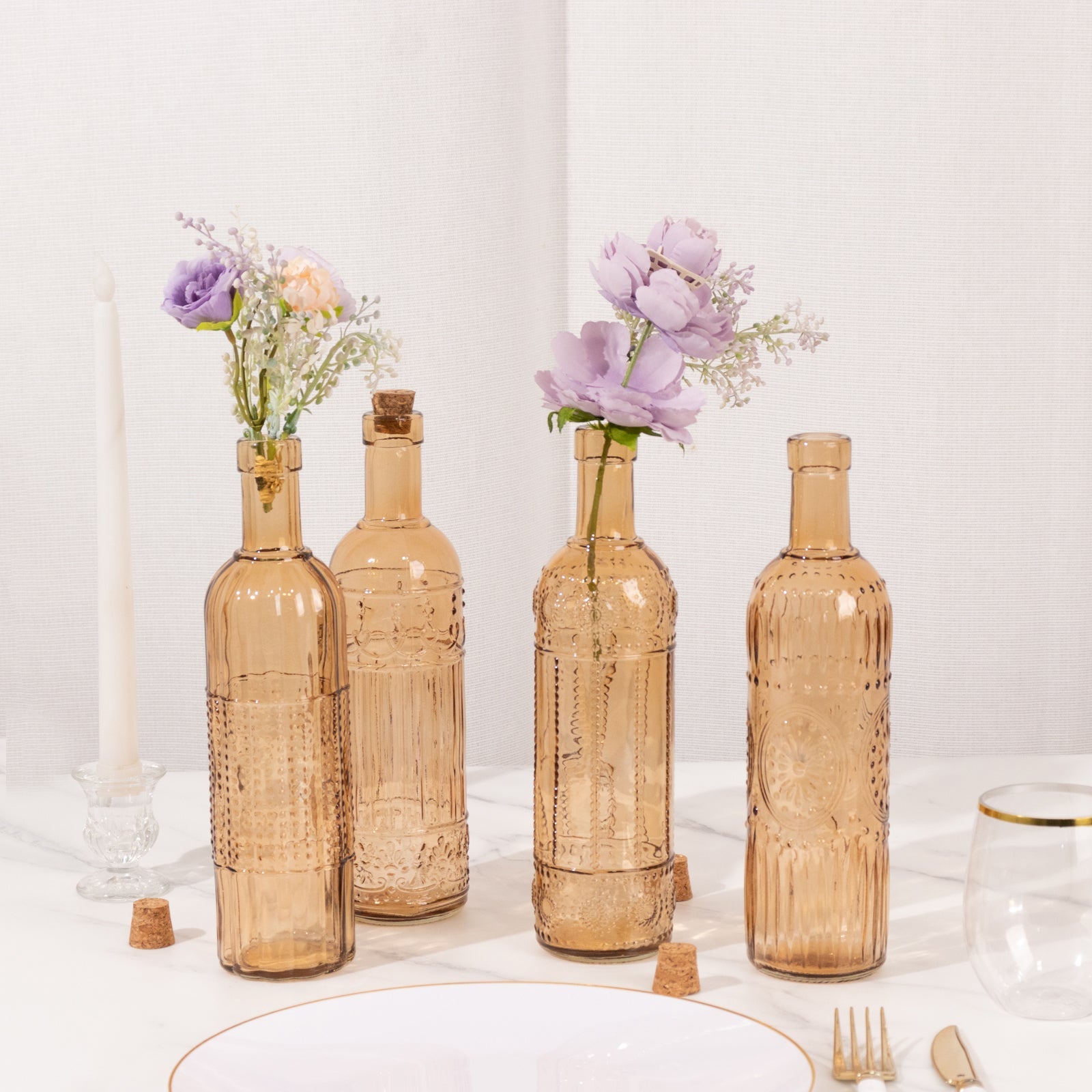 Set of 4 Embossed Glass Bottles Vintage Amber Gold with Corks - Large Flower Bud Vases 16oz 10 Tall