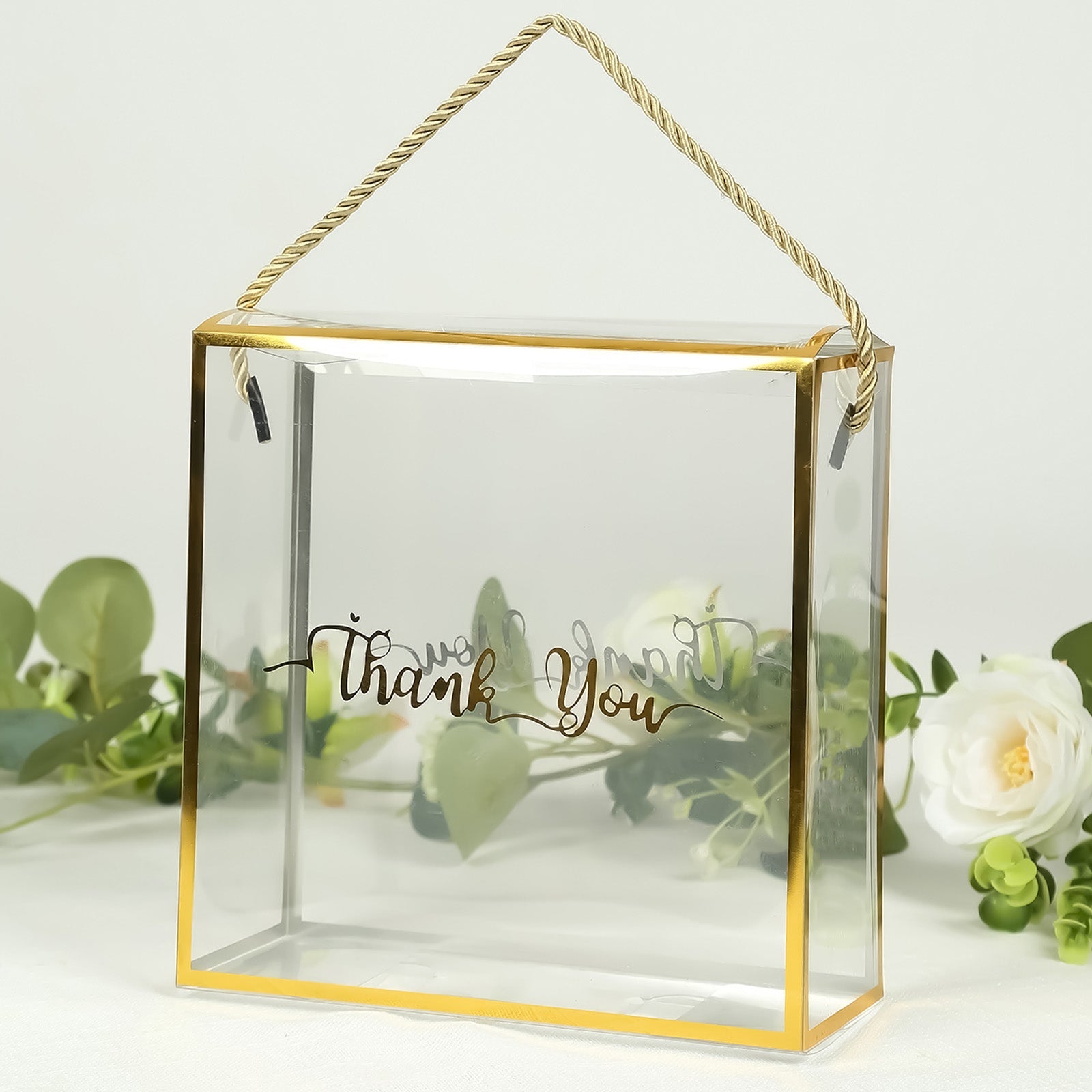 25 Pack Gold Trimmed Clear PVC Gift Boxes with Rope Handles and Thank You Print, Square Transparent Portable Candy Favor Boxes - 8x8