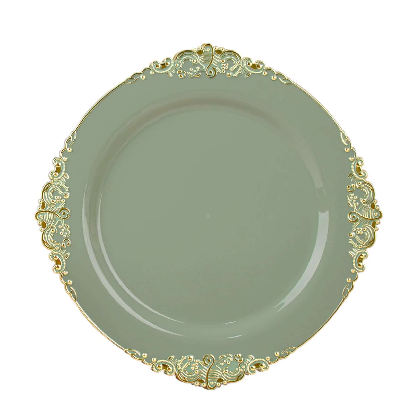 10-Pack Plastic 8 Round Dessert Plates in Dusty Sage Green with Gold Leaf Embossed Rim - Disposable Vintage Baroque Style Salad Plates