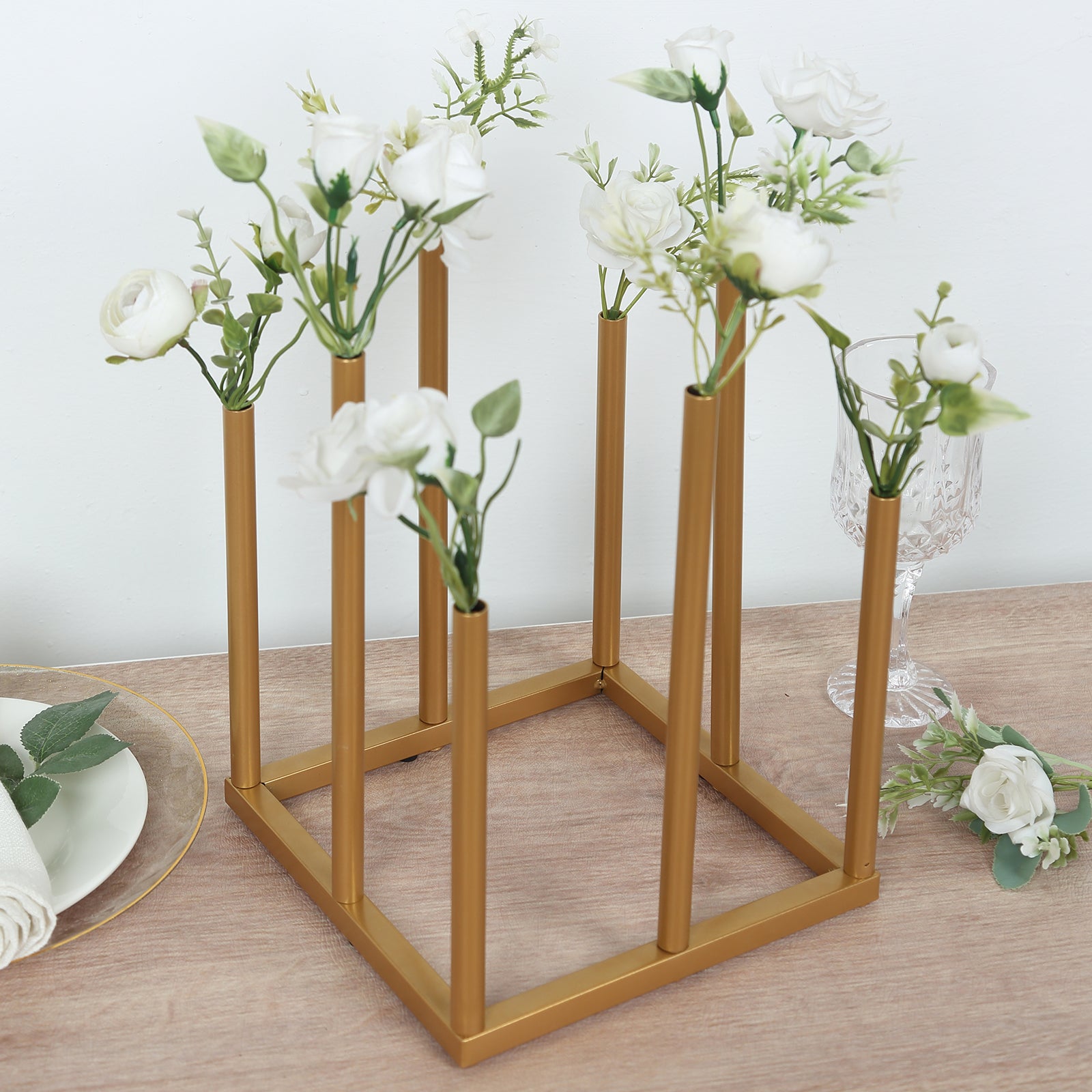 Flower Vase Gold Metal Minimalist 8-Tubes Square Base Design - Single Stem Bud Centerpiece for Arrangements 10