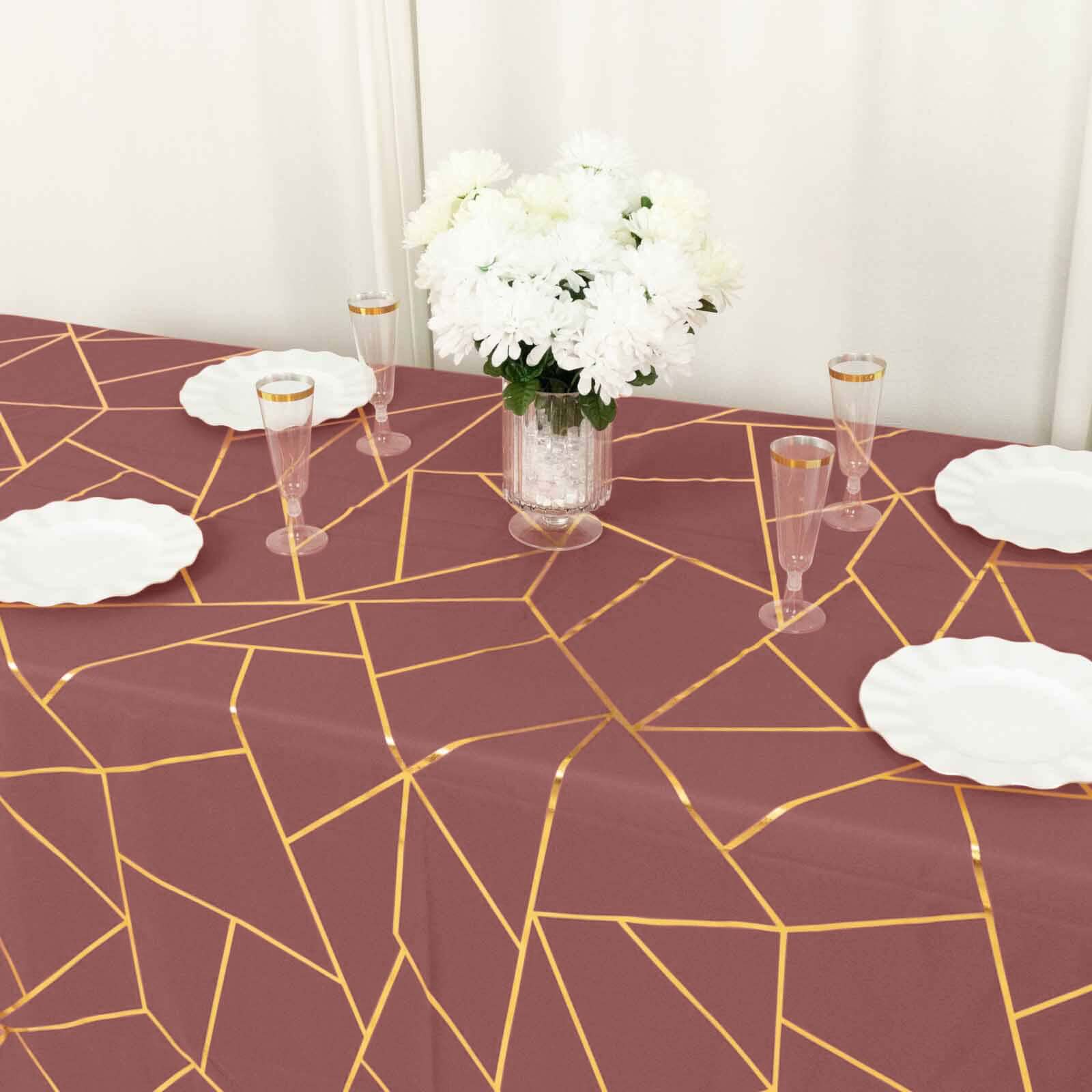 Polyester 60x132 Rectangle Tablecloth Cinnamon Rose with Gold Foil Geometric Pattern - Wrinkle-Resistant and Durable Table Cover for Weddings & Events