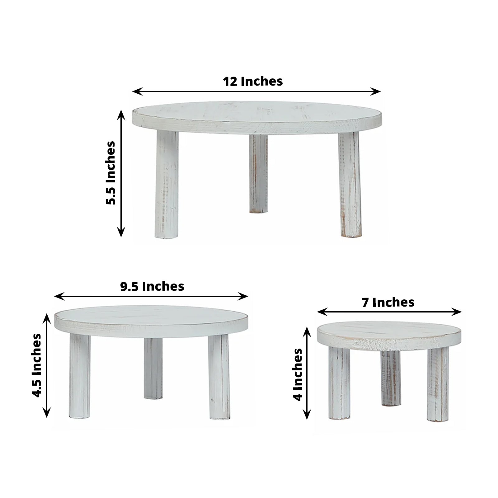 Set of 3 Wooden Pedestal Cake Stands Whitewash with Removable Legs - Stackable Round Rustic Plant Risers 7, 9.5, 12