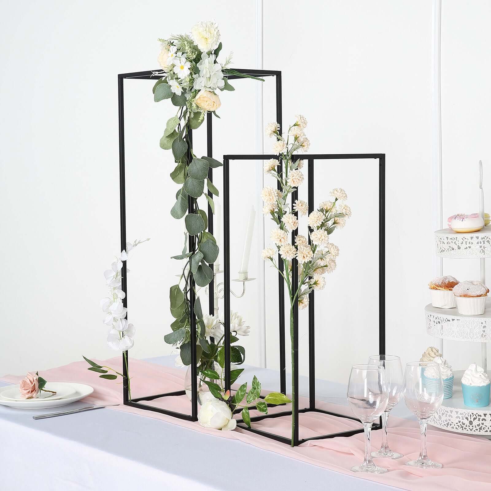 2-Pack Wedding Flower Stand Black Metal Geometric Column Frame Rectangular - Versatile Floral Pedestal for Sophisticated Arrangements 24