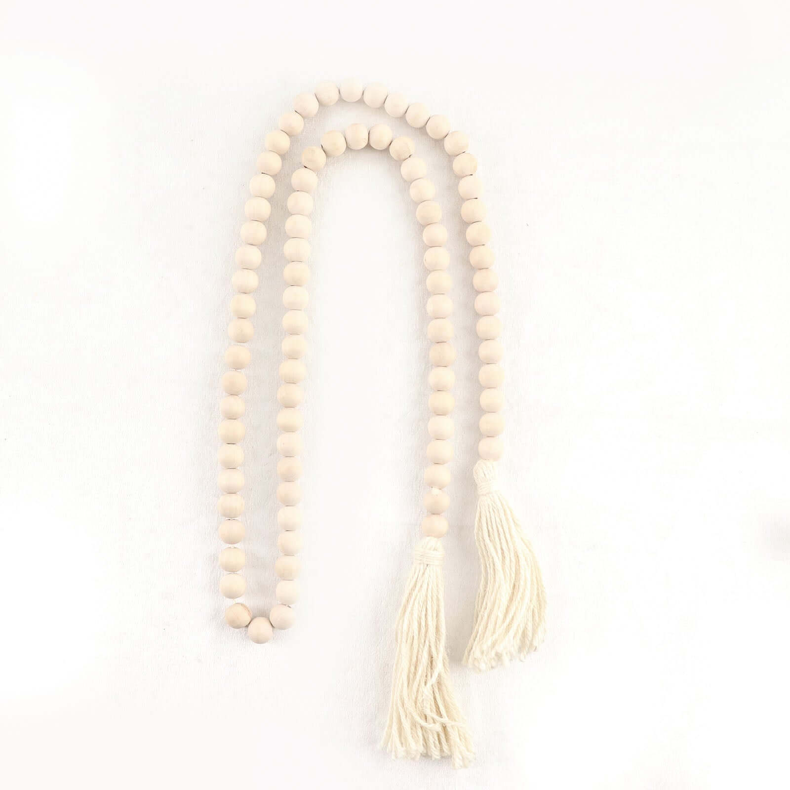 55 Cream Rustic Boho Chic Wood Bead Garland With Tassels, Farmhouse Country Wood Bead Chain