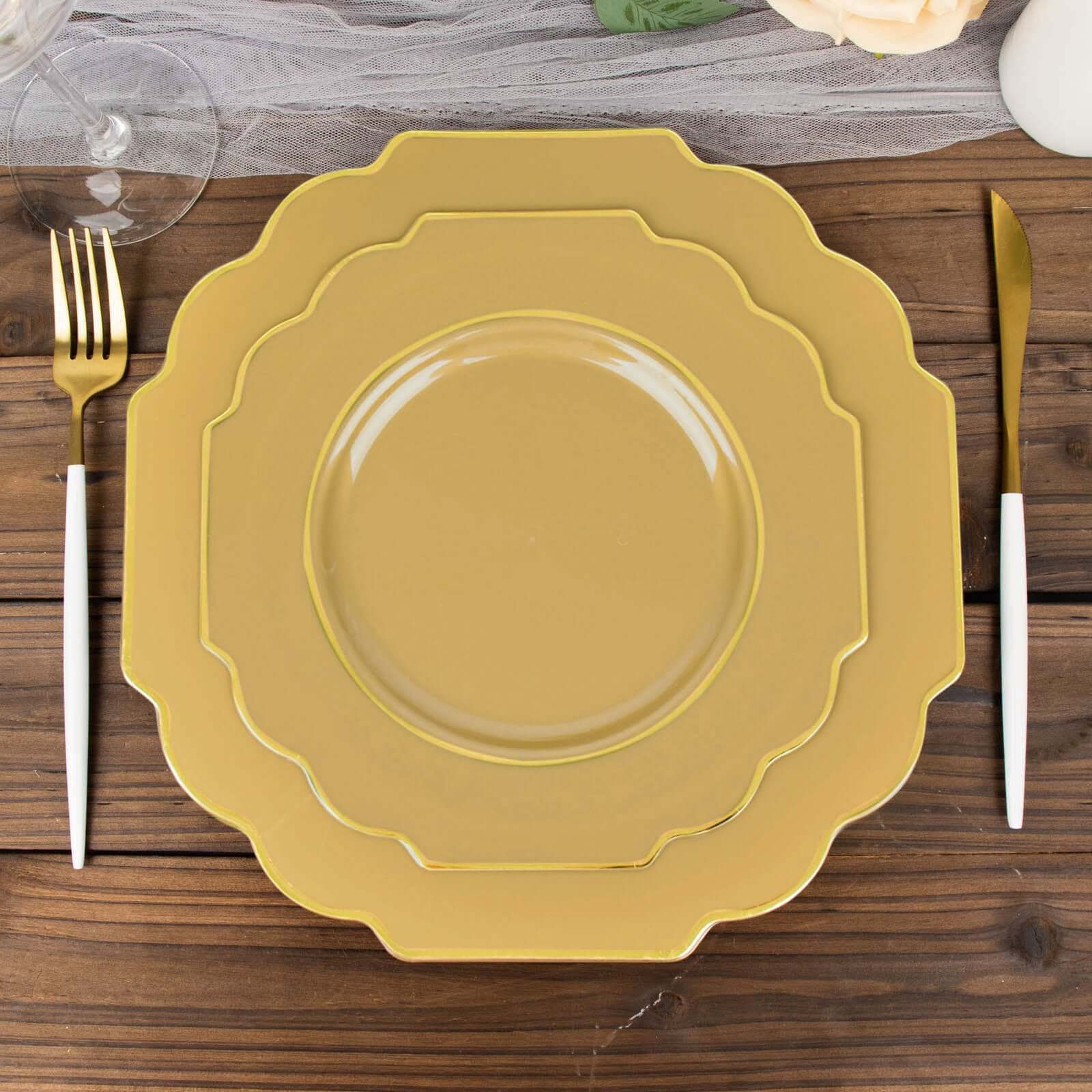 10-Pack Plastic Dessert Appetizer Plates in Gold Baroque Design with Scalloped Gold Rim - Heavy Duty Disposable Salad Plates 8