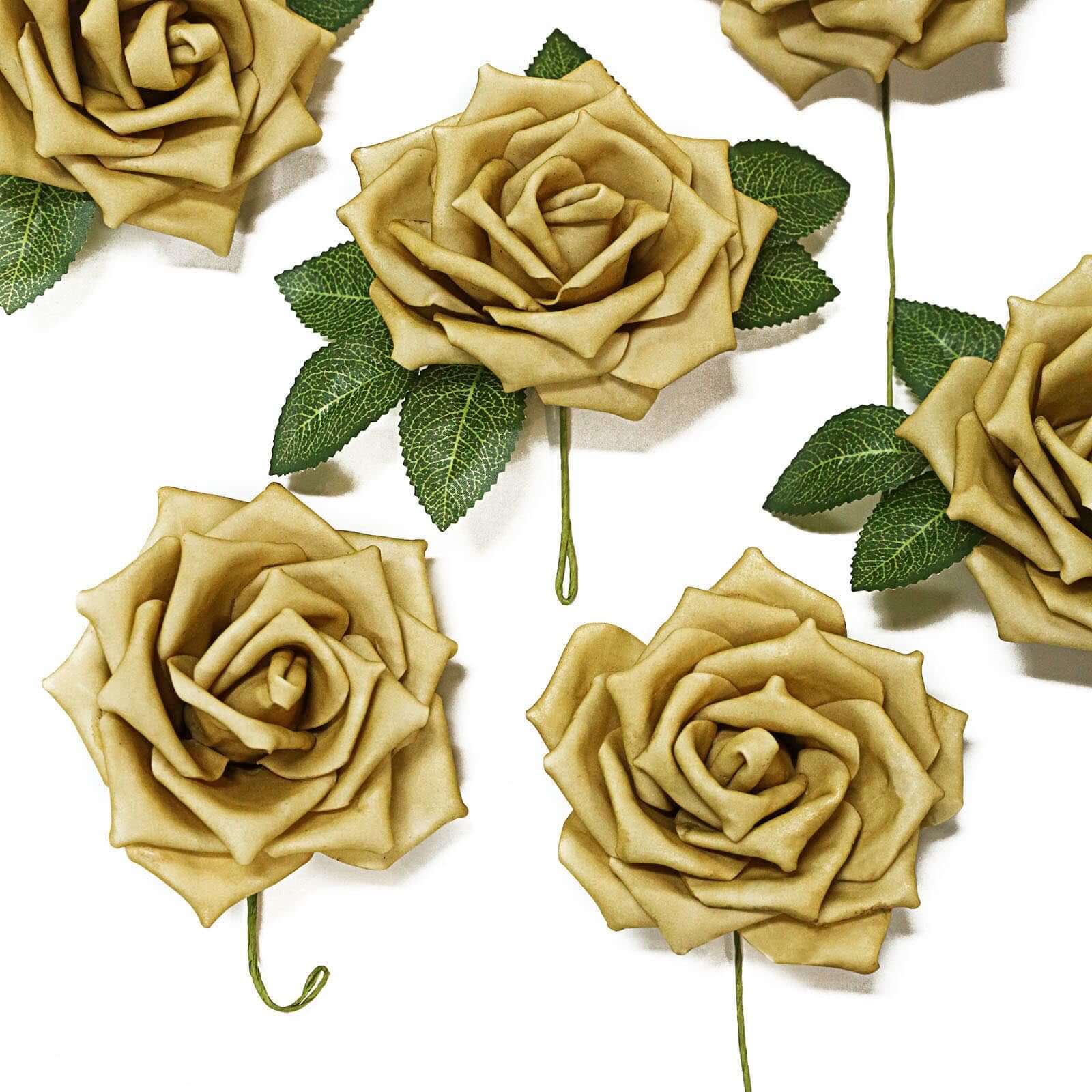 24 Roses 5 Gold Artificial Foam Flowers With Stem Wire and Leaves