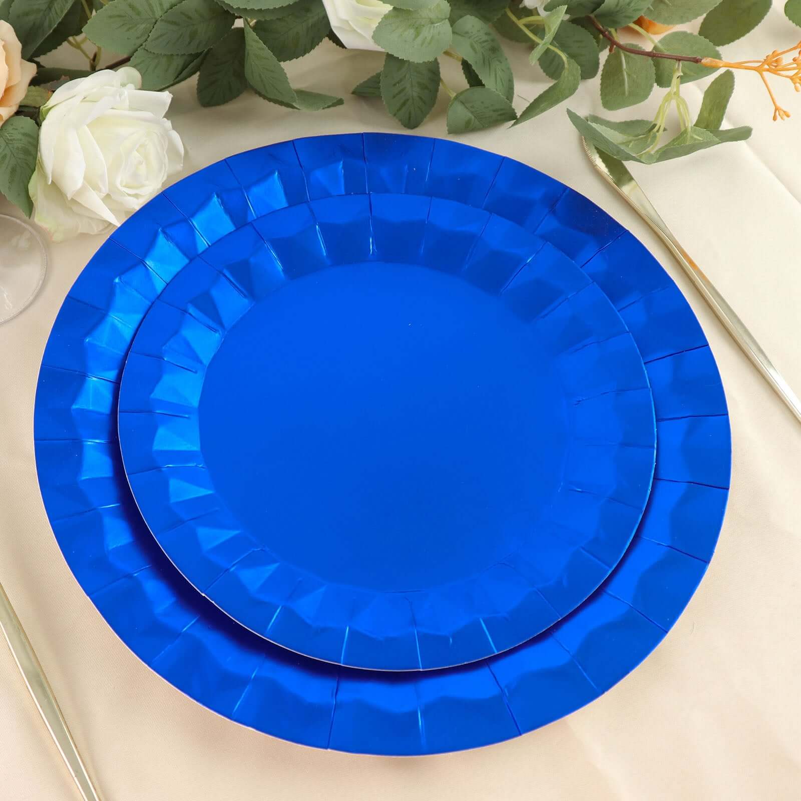 25-Pack Paper 12 Round Charger Plates in Royal Blue with Geometric Prism Design - Disposable 400GSM Serving Trays