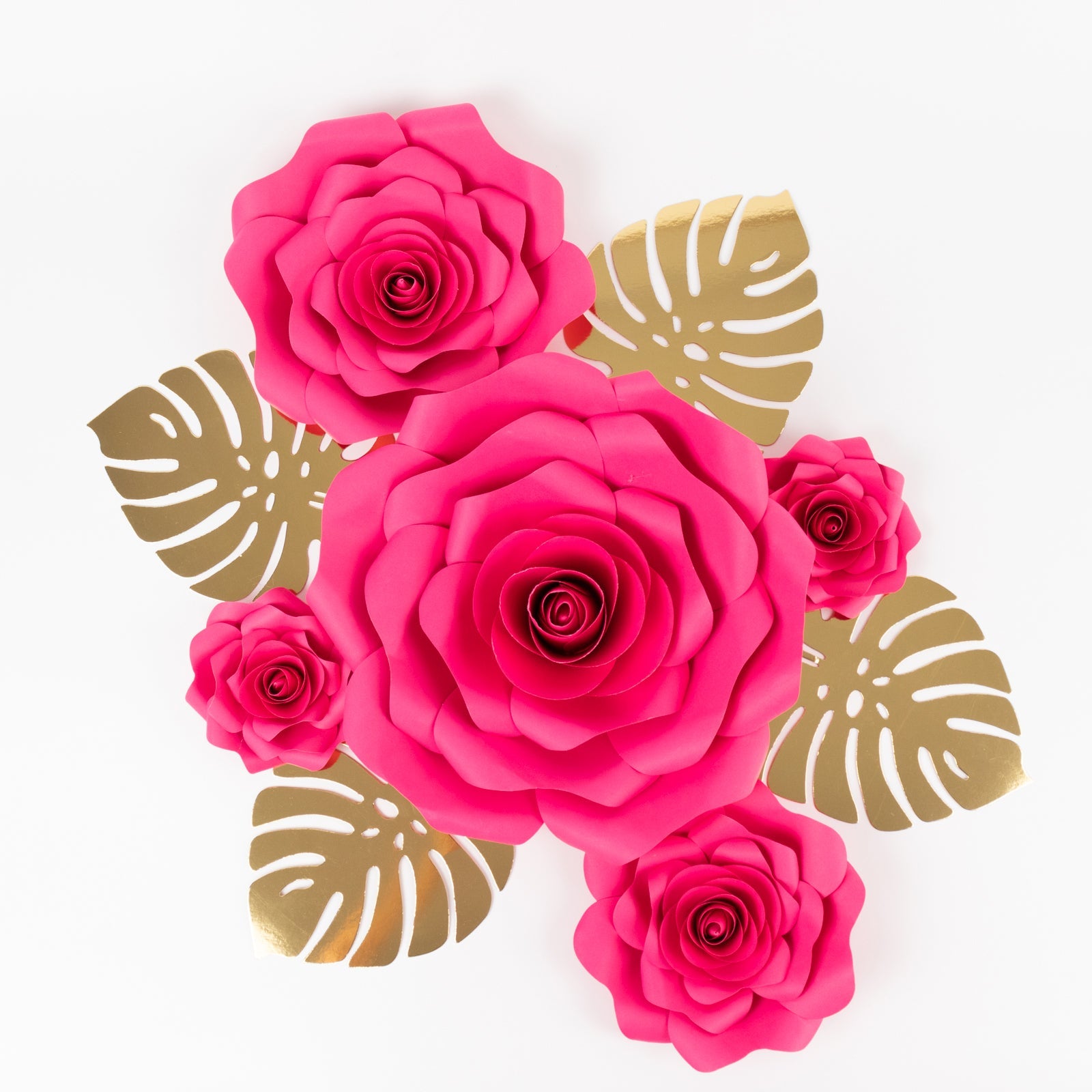 Set of 9 Fuchsia 3D Rose Paper Flowers with Gold Tropical Palm Leaves, Party Flower Backdrop Hanging Wall Decor