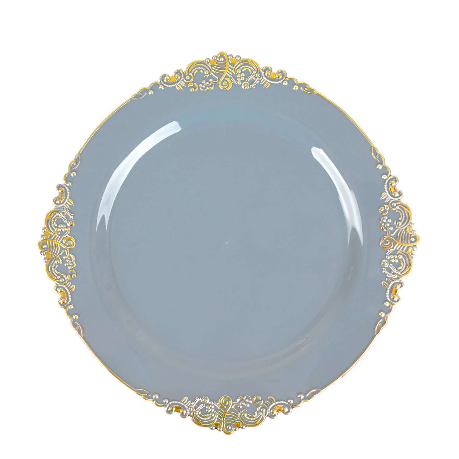 10-Pack Plastic 8 Round Dessert Plates in Dusty Blue with Gold Leaf Embossed Rim - Disposable Vintage Baroque Style Salad Plates