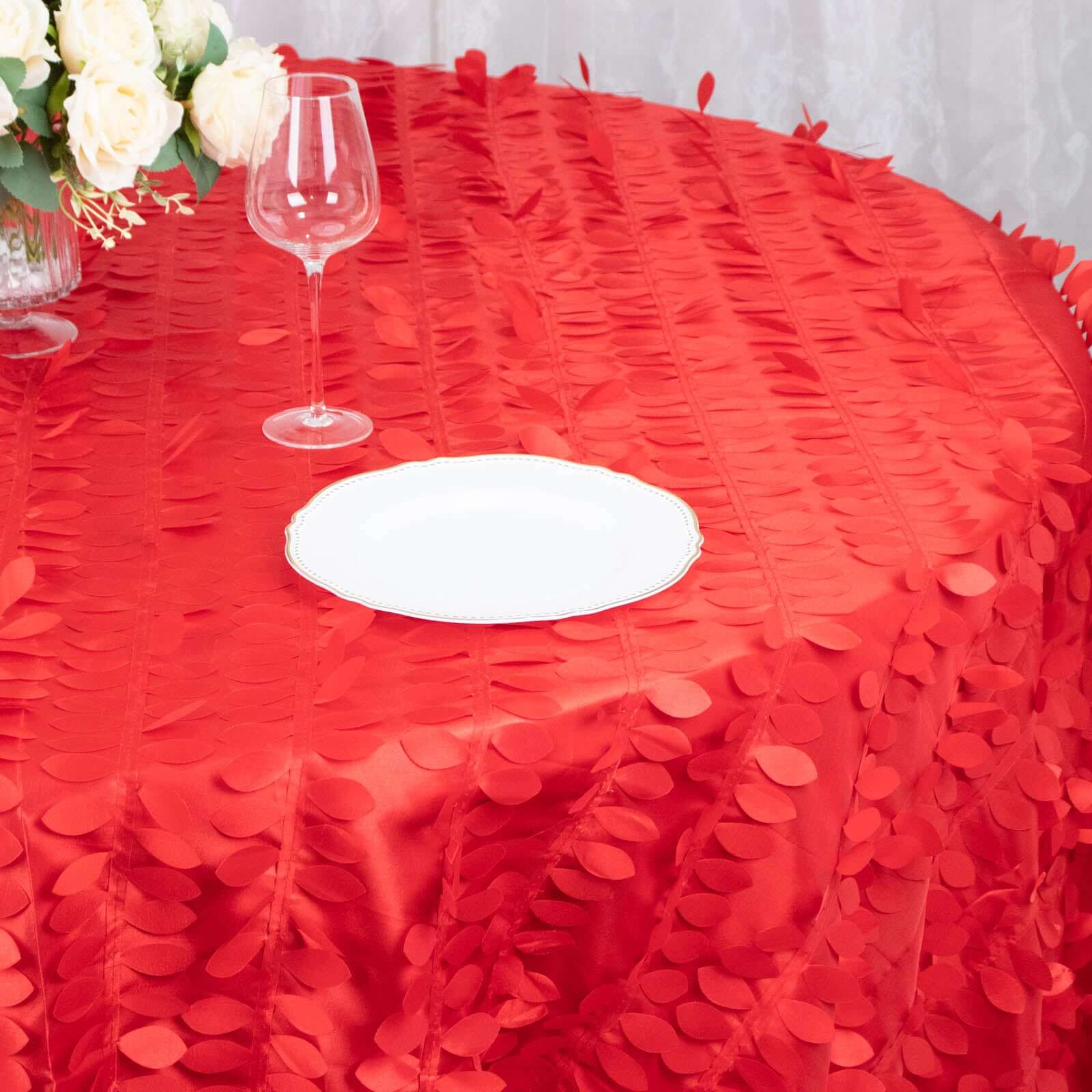 Taffeta 132 Round Tablecloth Red Leaf | 3D Leaf Petal Design Seamless Table Cover