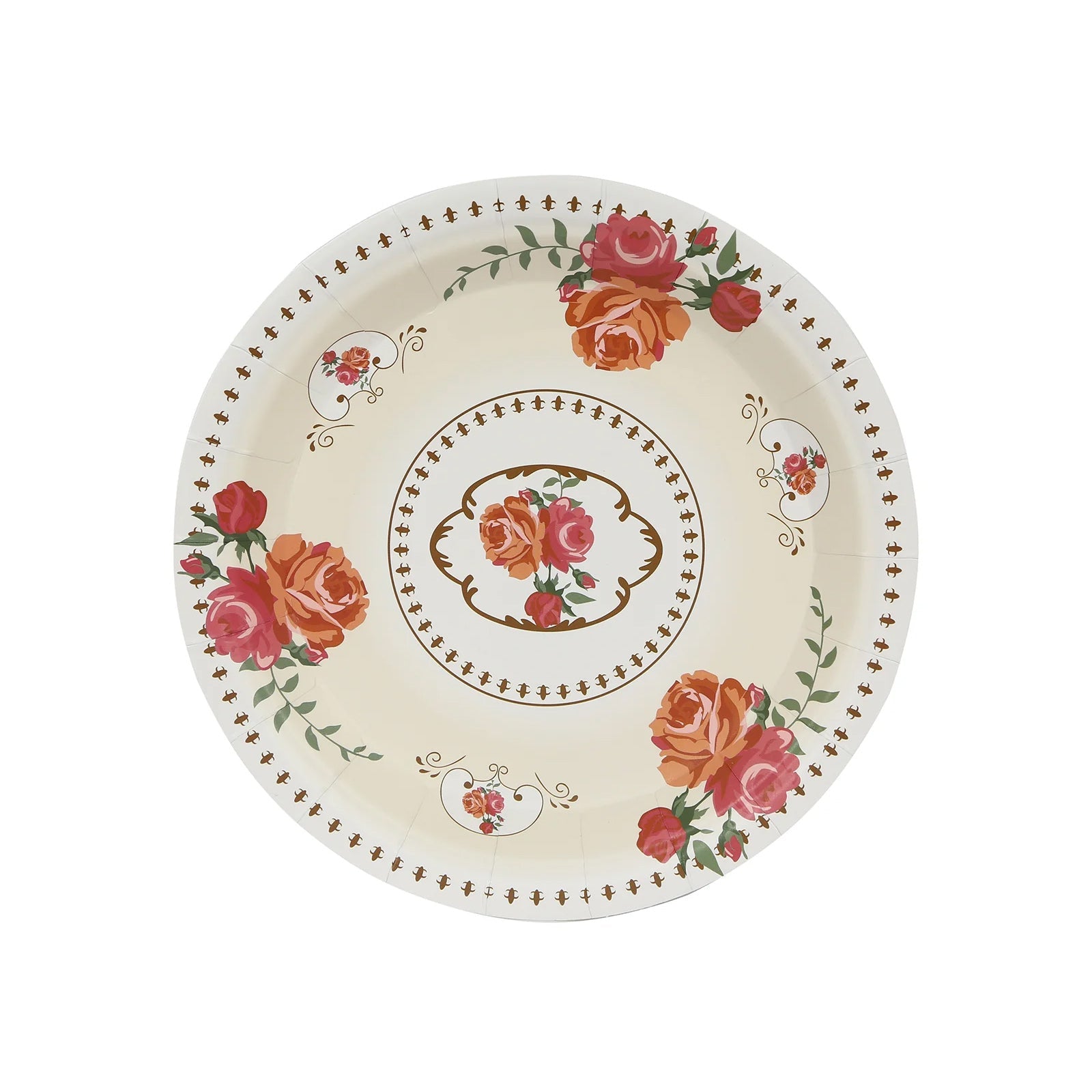 25-Pack Paper 7 Round Dessert Plates in Ivory with Vintage Rose Flower Print - Disposable Appetizer Salad Plates for Bridal Showers & Garden Luncheons