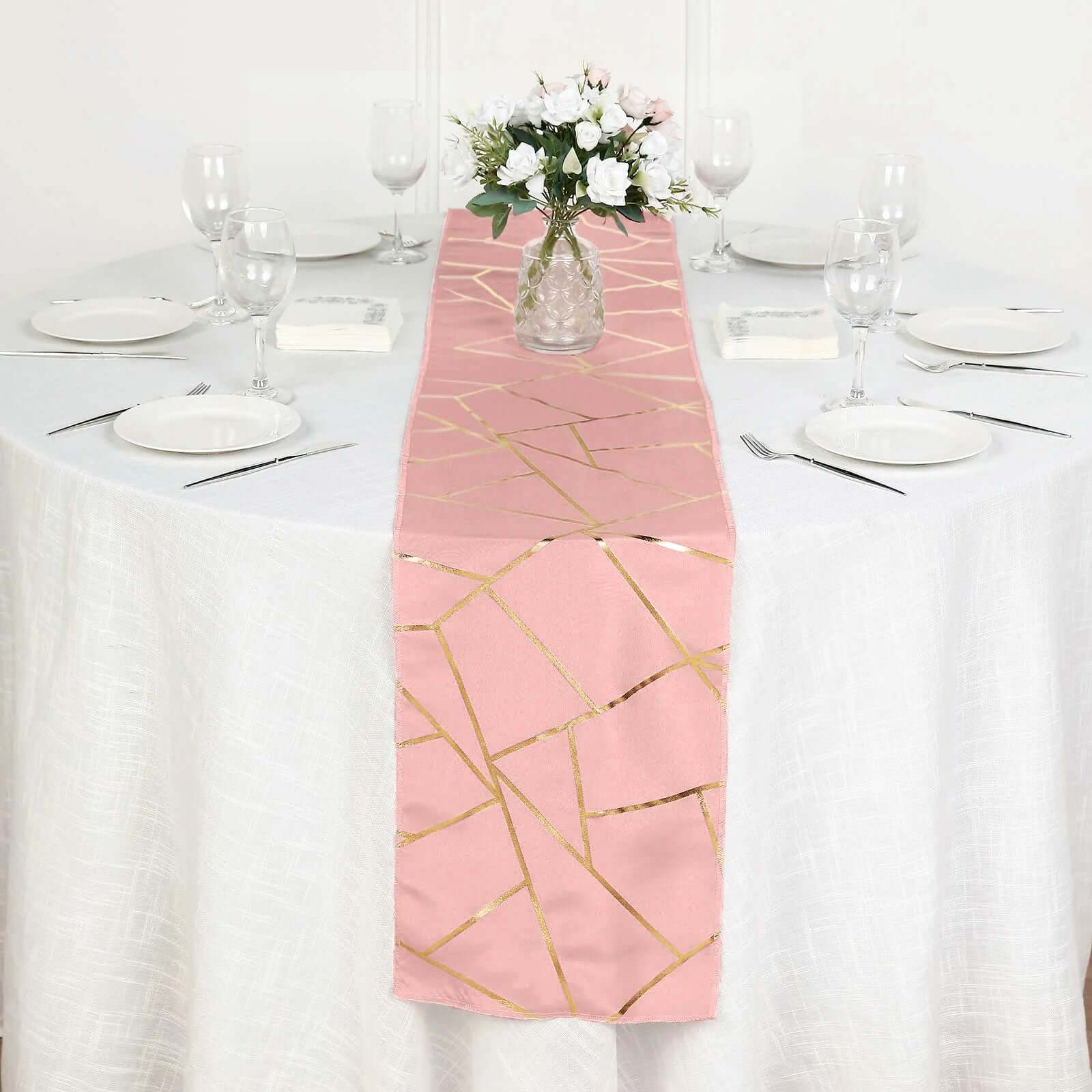 Polyester 9ft Table Runner Dusty Rose with Gold Foil Modern Geometric Accent