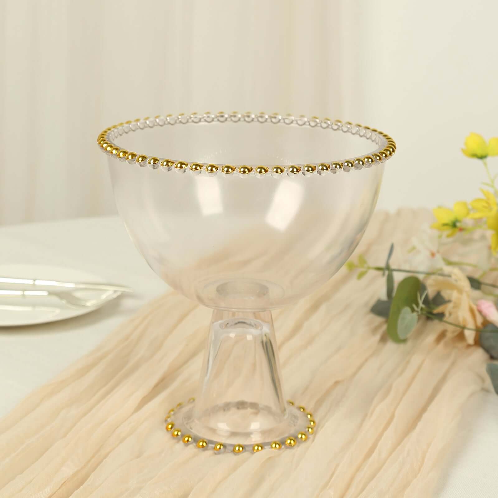 Compote Pedestal Bowl Glass Flower Vase Clear with Gold Beaded Rim - Footed Candy Trifle Bowl for Displays 8