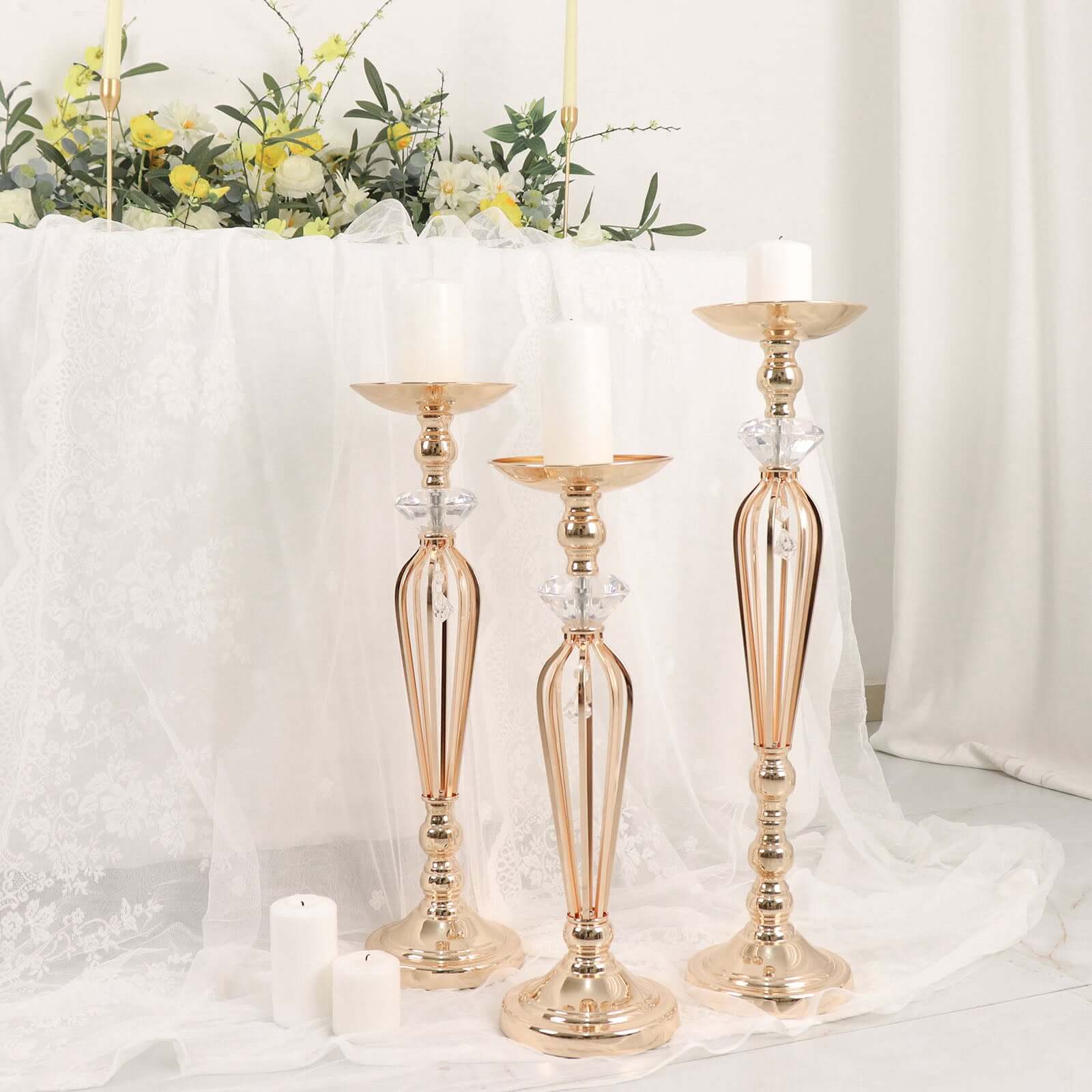 Set of 3 Metal Pedestal Stands with Crystal Ball Flower Bowl Design Gold - Pillar Candle Holders 20, 23, 25