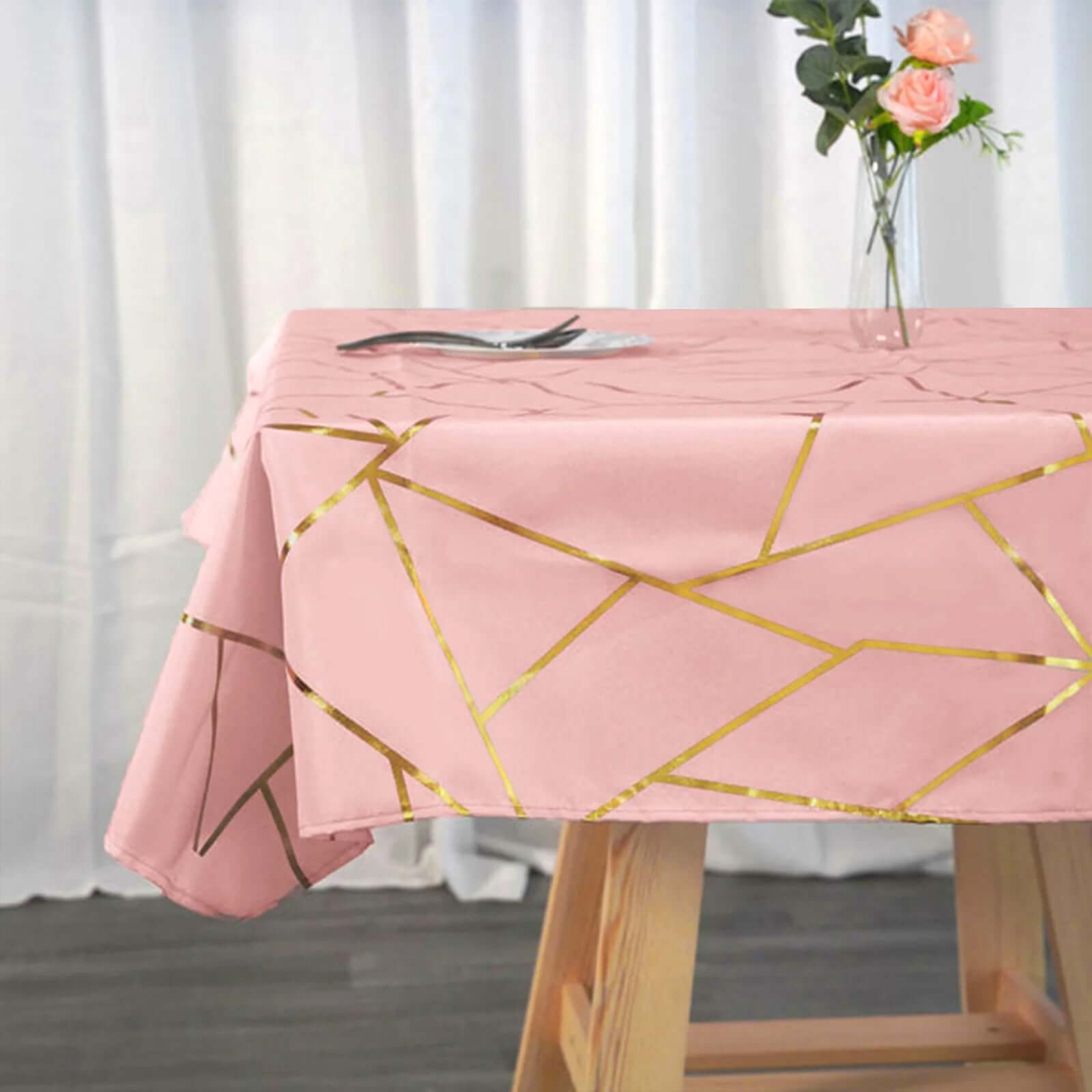 Polyester 54x54 Square Tablecloth Dusty Rose with Gold Foil Geometric Pattern - Wrinkle-Resistant & Durable Table Cover