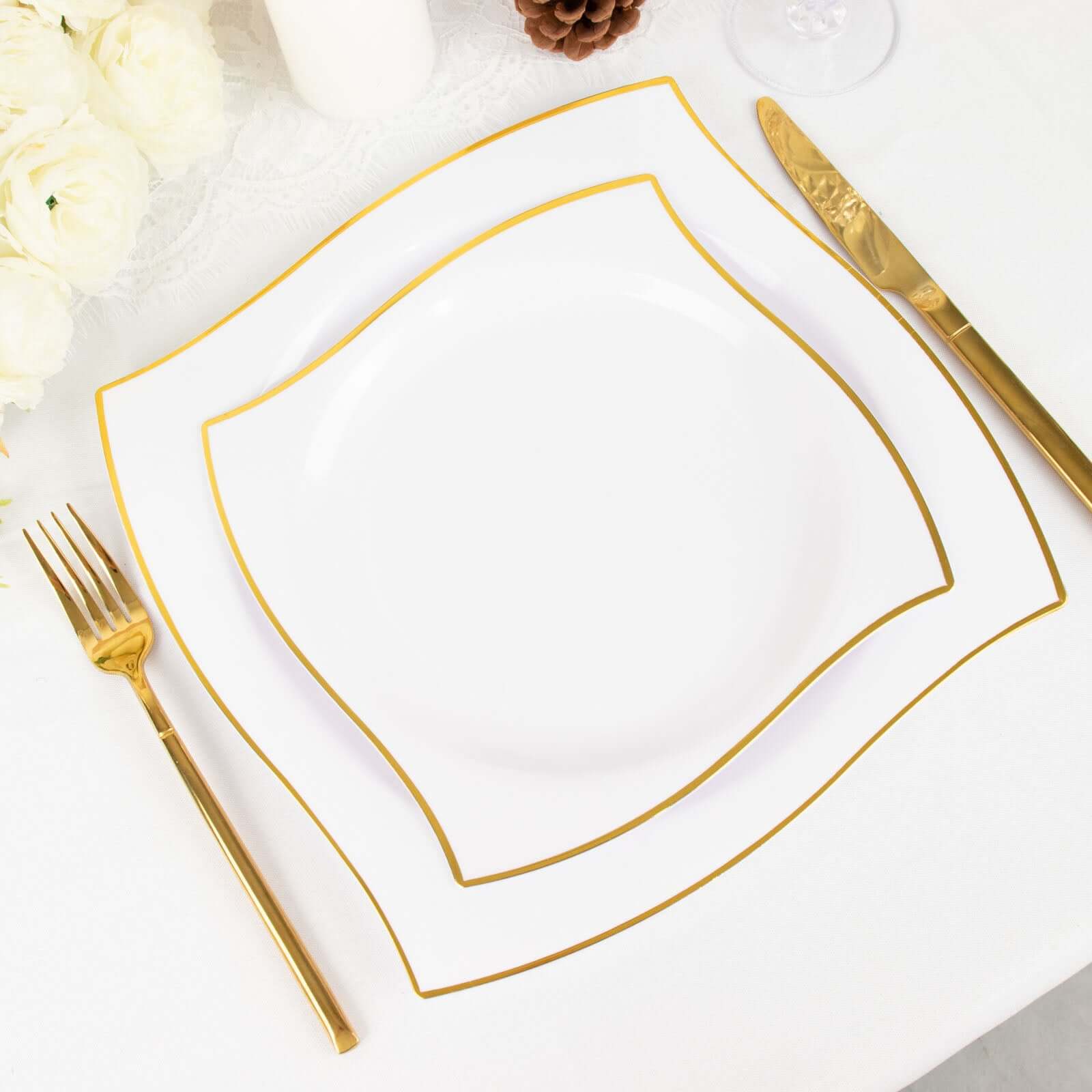 10-Pack Plastic 8 Square Dessert Plates in White with Gold Wavy Rim Modern - Disposable Salad Appetizer Party Plates for Luxe Events & Banquets