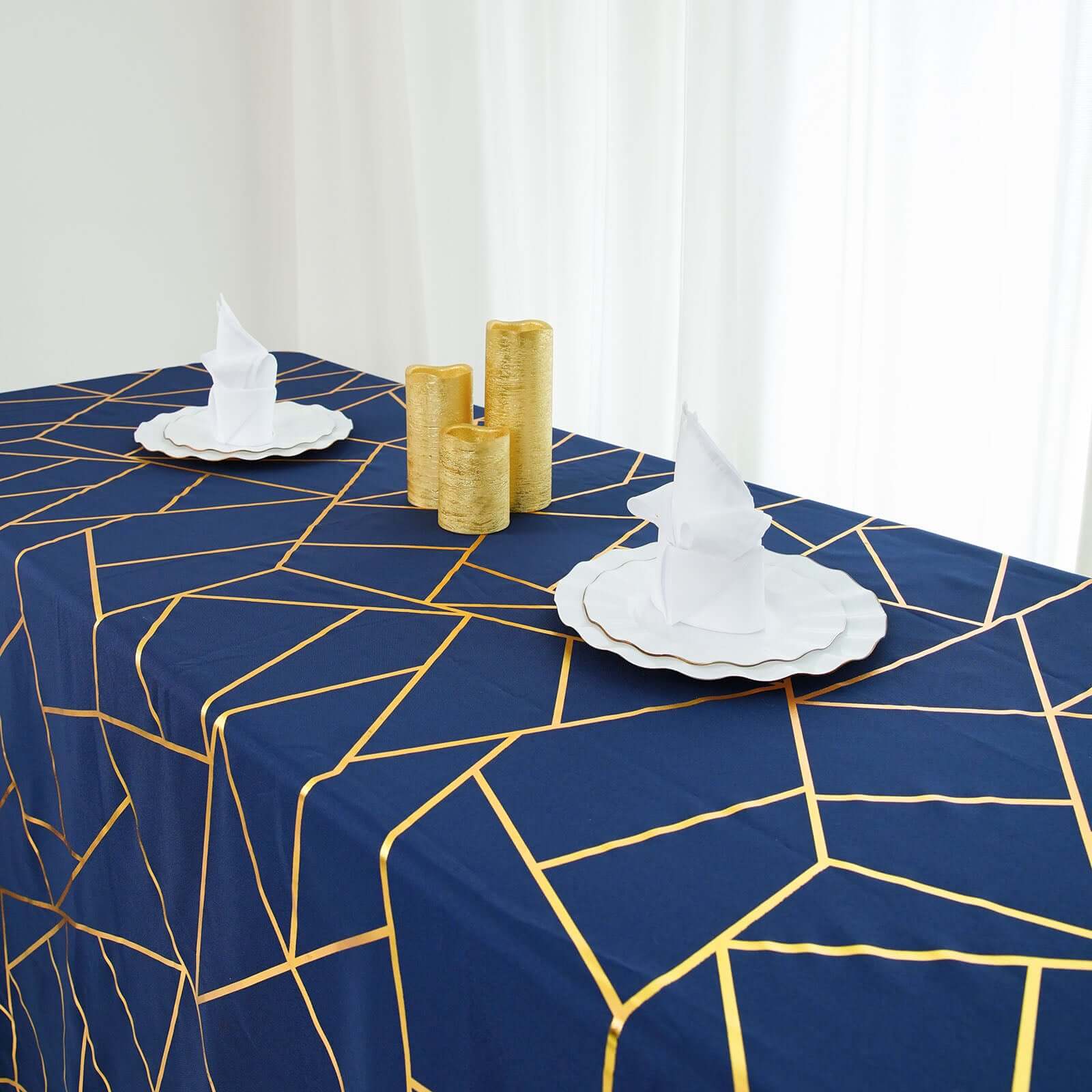 Polyester 90x156 Rectangle Tablecloth Navy Blue Seamless with Gold Foil Geometric Pattern - Wrinkle-Resistant Seamless Table Cover for Sophisticated Events