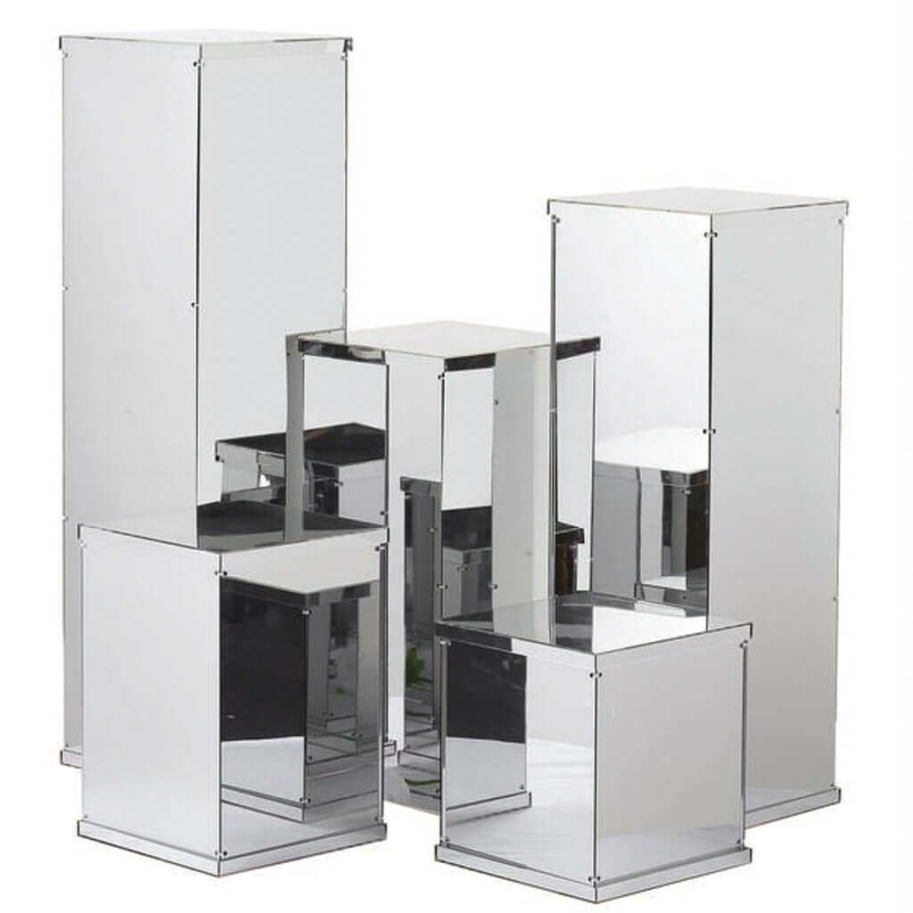 40 Floor Standing Silver Mirror Finish Acrylic Display Box, Pedestal Riser with Interchangeable Lid and Base