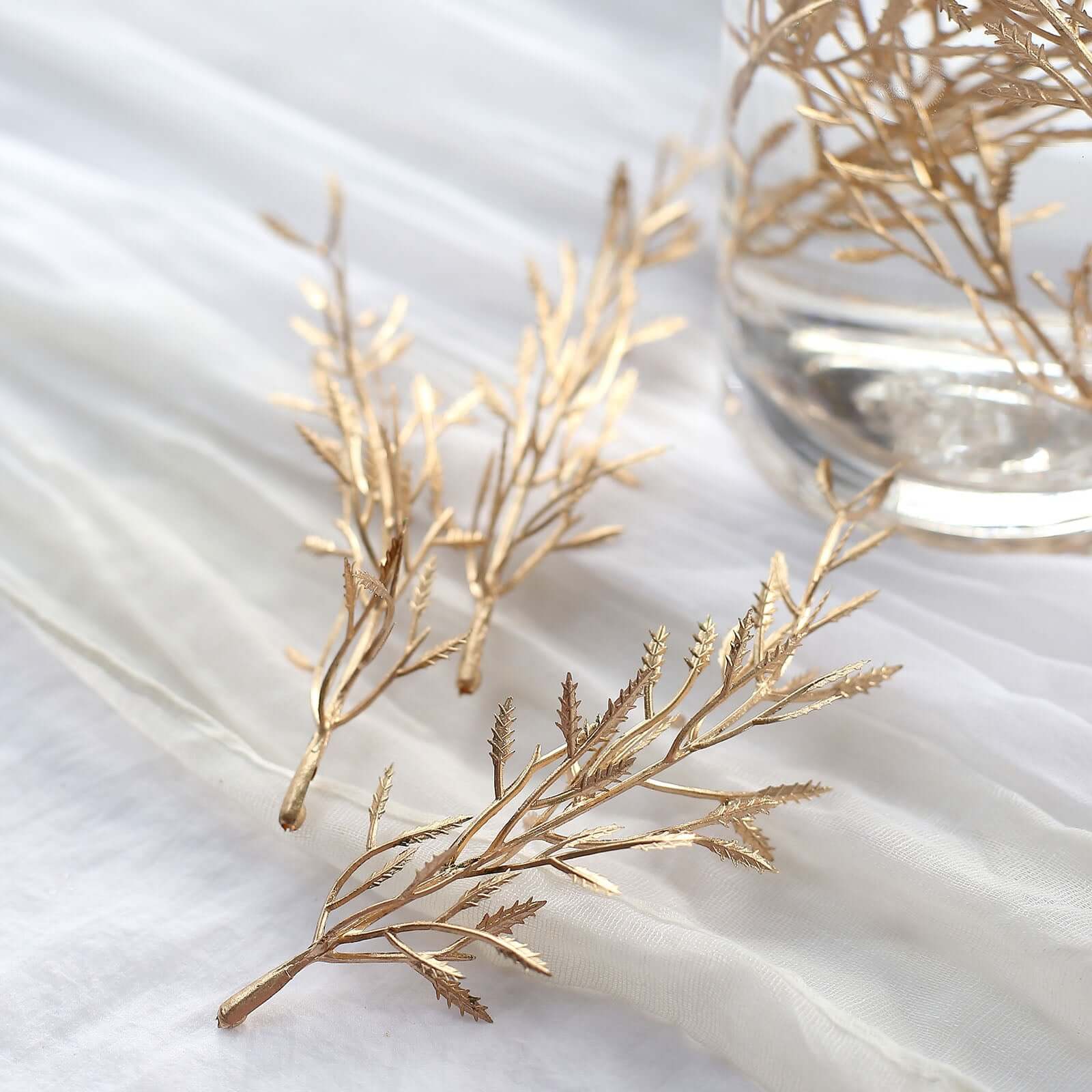 25-Pack Artificial Fern Leaf Branch Stems Metallic Gold - Versatile Faux Stems for Floral Bouquets Vase Displays & Event Decor 6