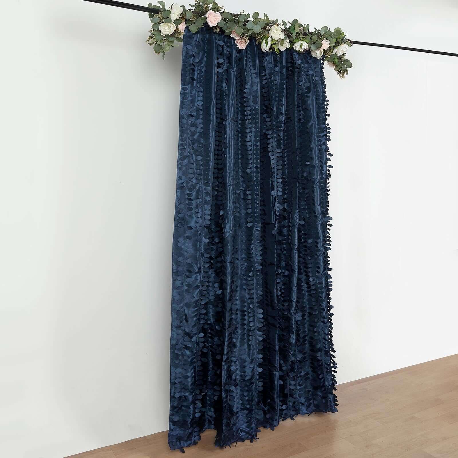 8ftx8ft Navy Blue 3D Leaf Petal Taffeta Event Curtain Drapes, Backdrop Event Panel With Rod Pocket