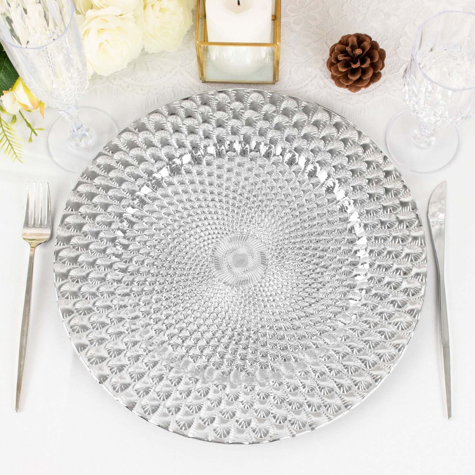 6-Pack Plastic Round Charger Plates 13 in Silver with Peacock Pattern, Exquisite Decorative Dinner Party Charger Tableware