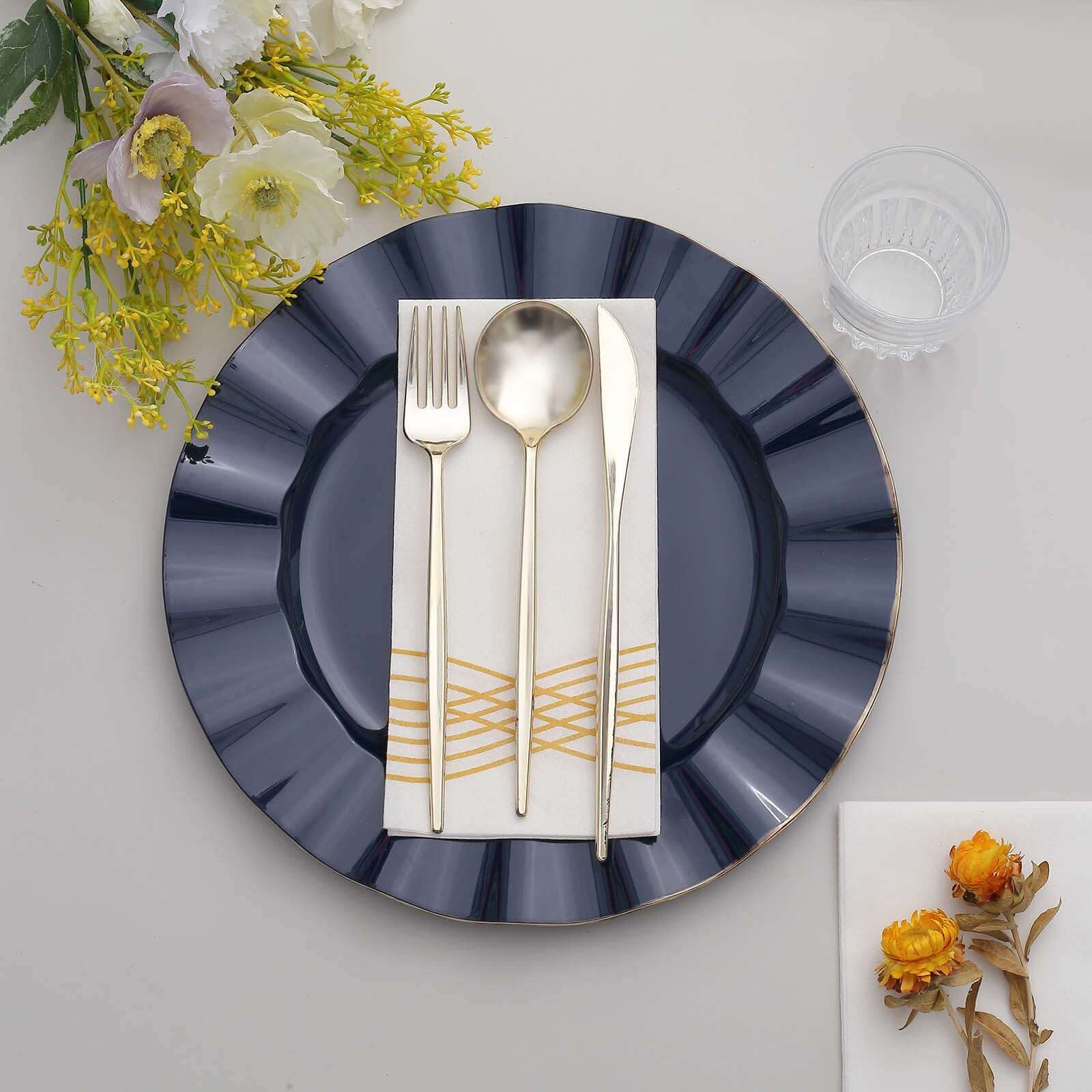 10-Pack Plastic 11 Round Dinner Plates in Navy Blue Ruffled Rim with Gold Edging - Sturdy Disposable Dinnerware