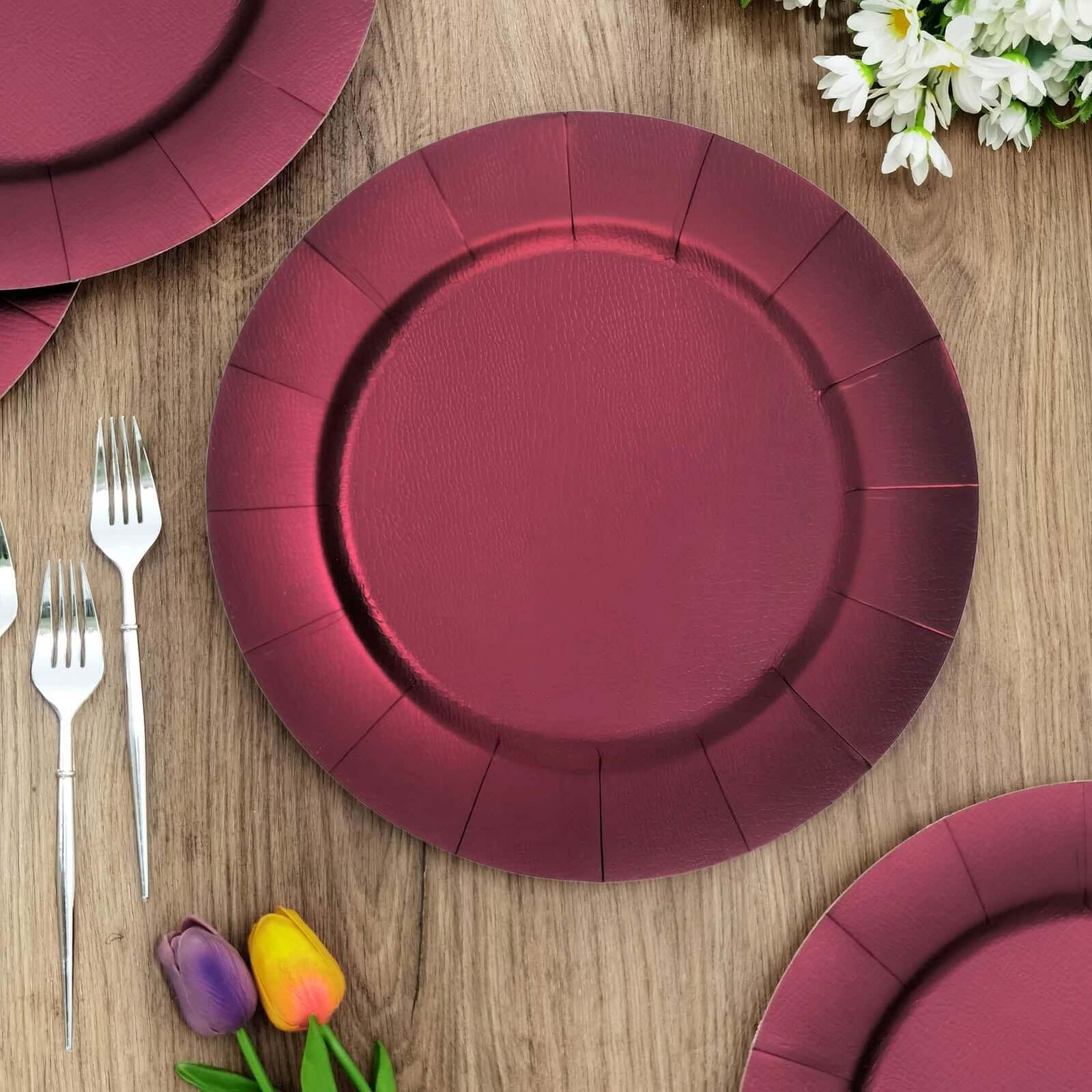 10-Pack Disposable Round Charger Plates in Burgundy with Leathery Texture - Durable 1100GSM Cardboard Placemats 13