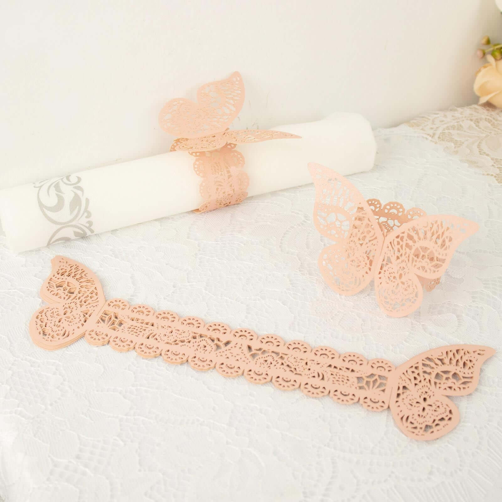 12-Pack Paper Napkin Rings Laser Cut Butterfly Blush Shimmery - Decorative Serviette Holders