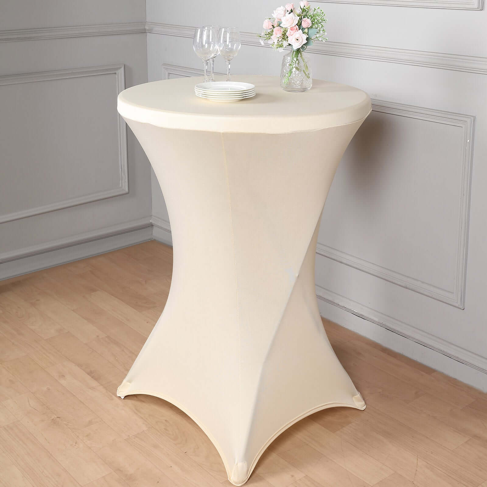 Spandex 24-32 Round Cocktail Table Cover Beige - Easy to Maintain Stretch Fitted Highboy Tablecloth