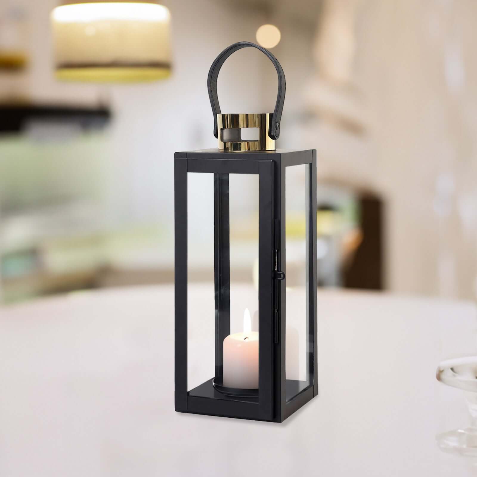 14 Black and Gold Top Stainless Steel Candle Lantern Centerpiece Outdoor Metal Patio Lantern